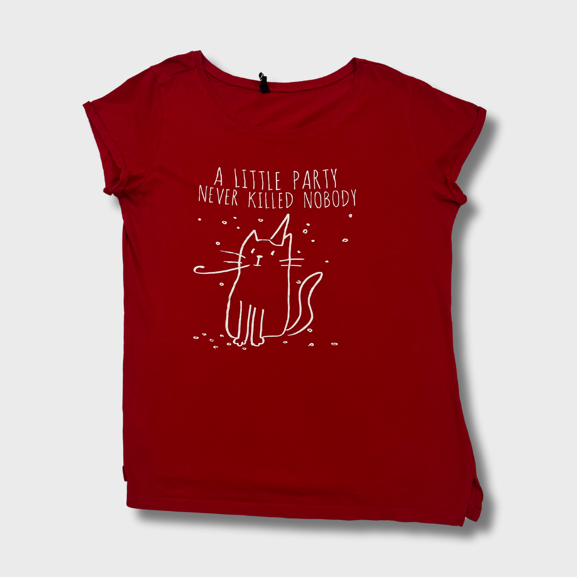 Women’s Cat Print Red T-Shirt – Size L | Cute & Casual Graphic Tee for Cat Lovers