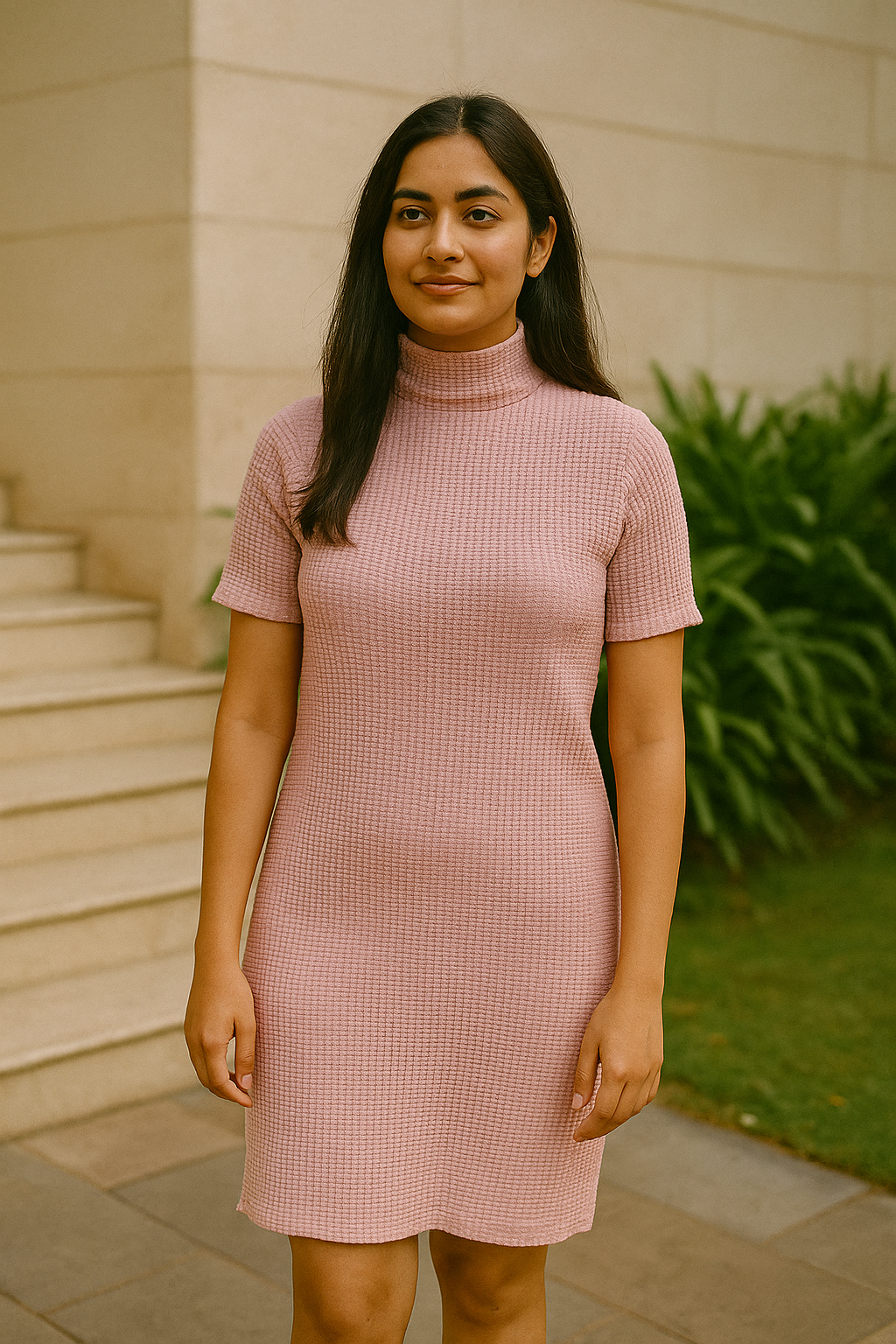 Women’s Rose Gold Crinkled Turtle Neck Dress – Rayon XL | Elegant & Comfortable