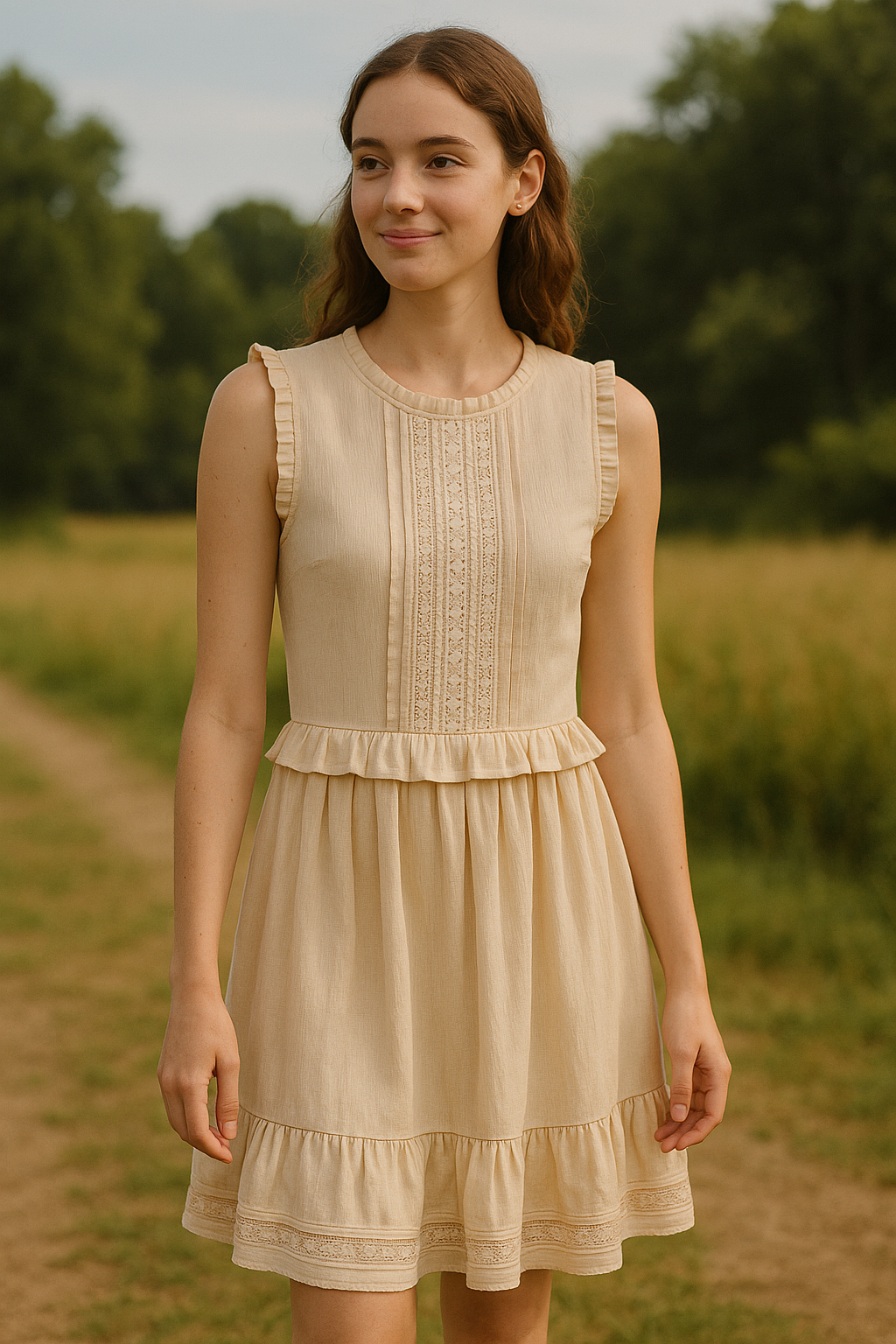 Women’s Elegant Chique Half-Sleeve Georgette Dress – Victorian Cream with Lace & Ruffles (Size S)