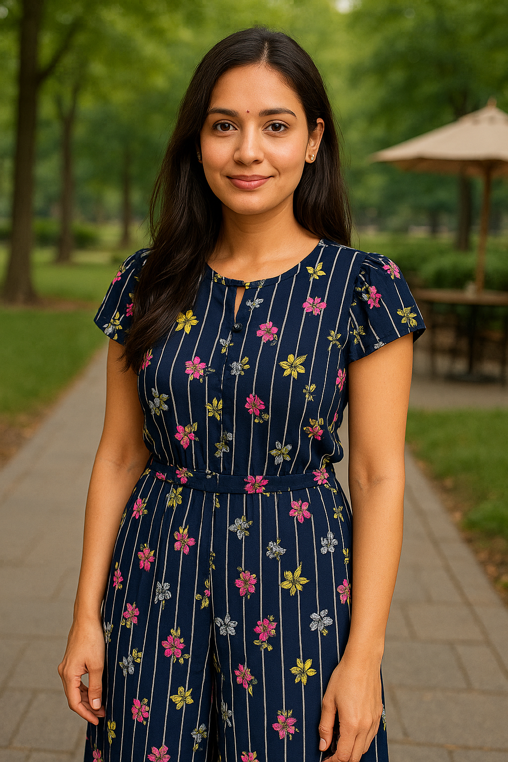 Women's Floral Printed Navy Blue Jumpsuit & Ruffled Sleeves & Cut-Out Back | Size XS | Slemor