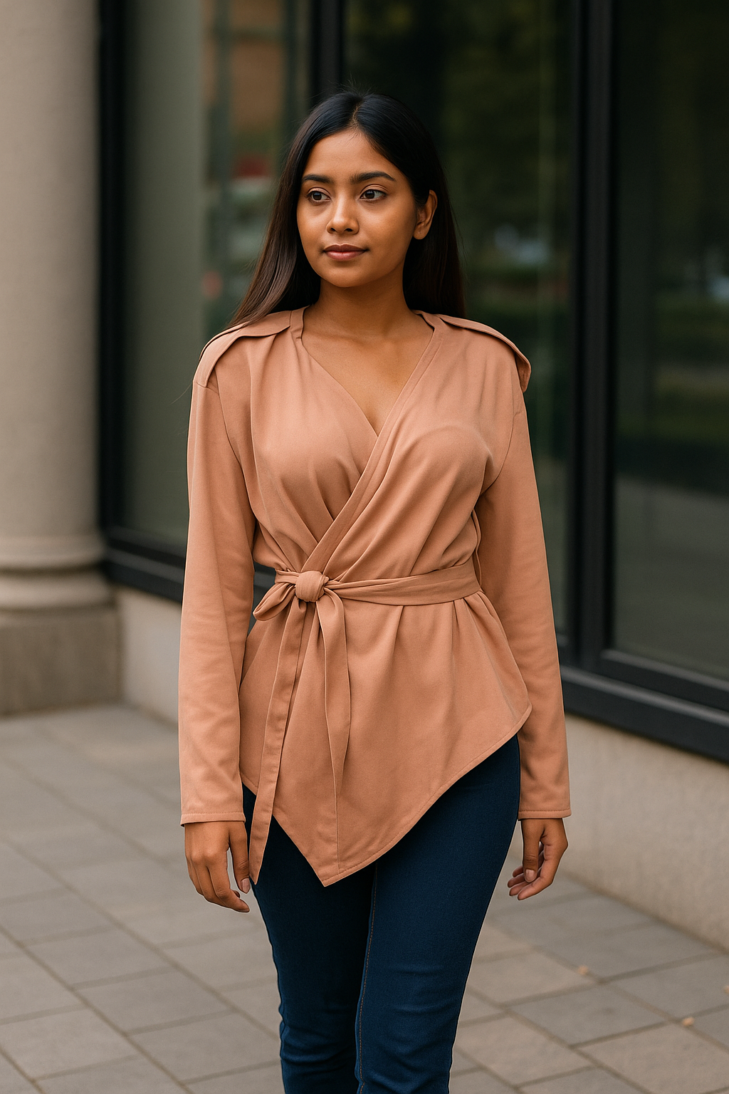 Women’s Nude Pink Fancy Tie Top – Full Sleeves | Korean Size S | Elegant & Feminine Blouse