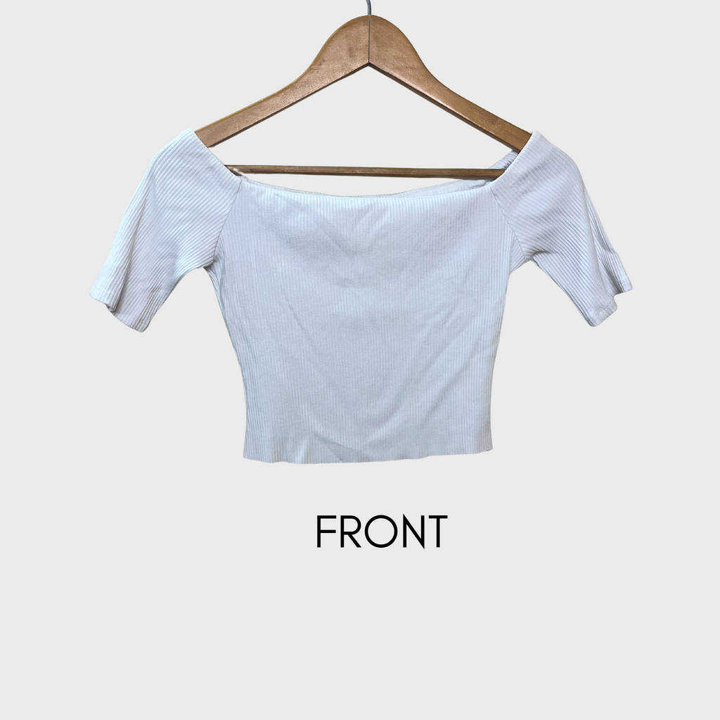 Women’s Ribbed Crop Top – White Boat Neck | XS Size | H&M Essential Wardrobe Staple