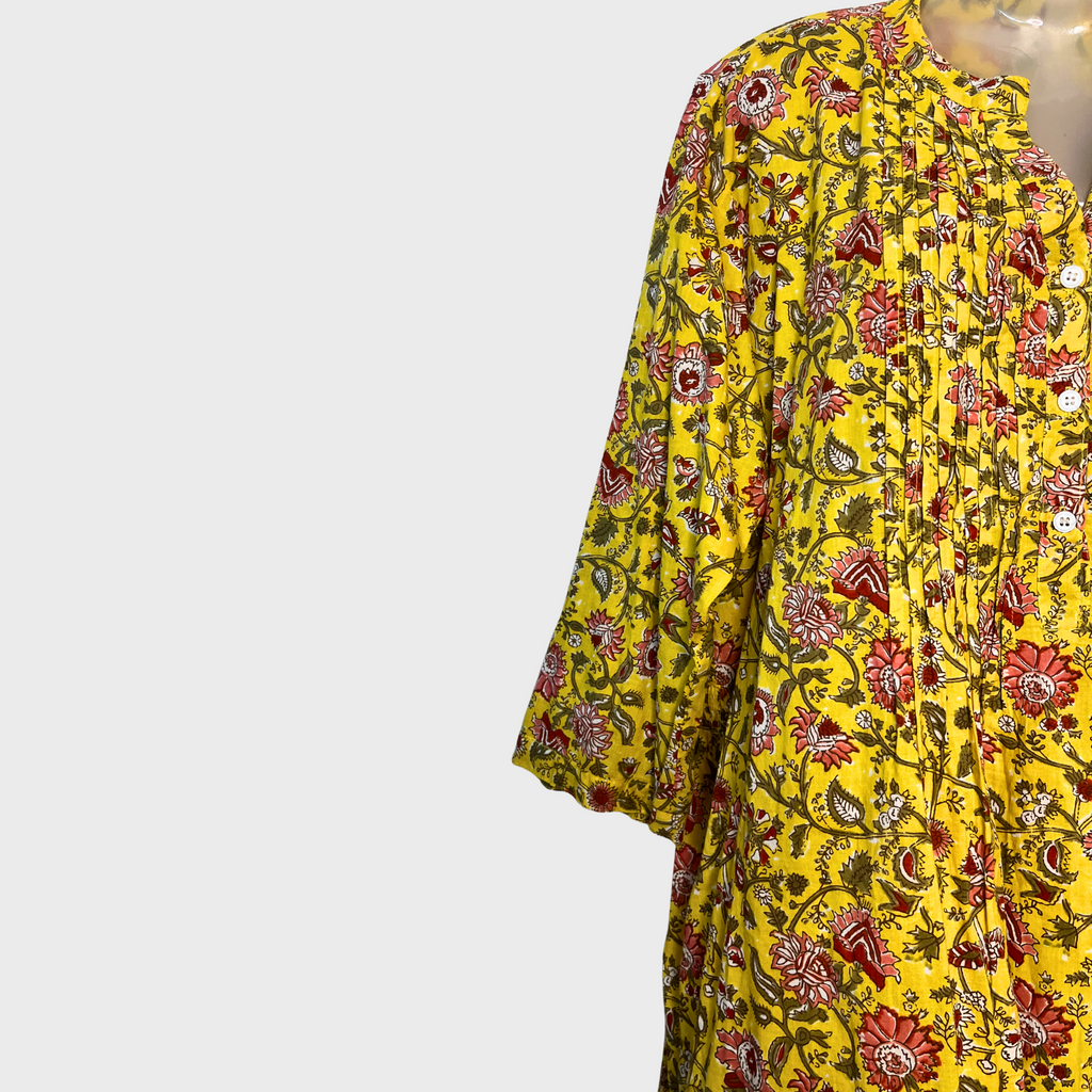 Women’s Floral Printed Yellow Kurti set with Leggings – XXL Size | Cotton A-Line Kurta with 3/4 Sleeves