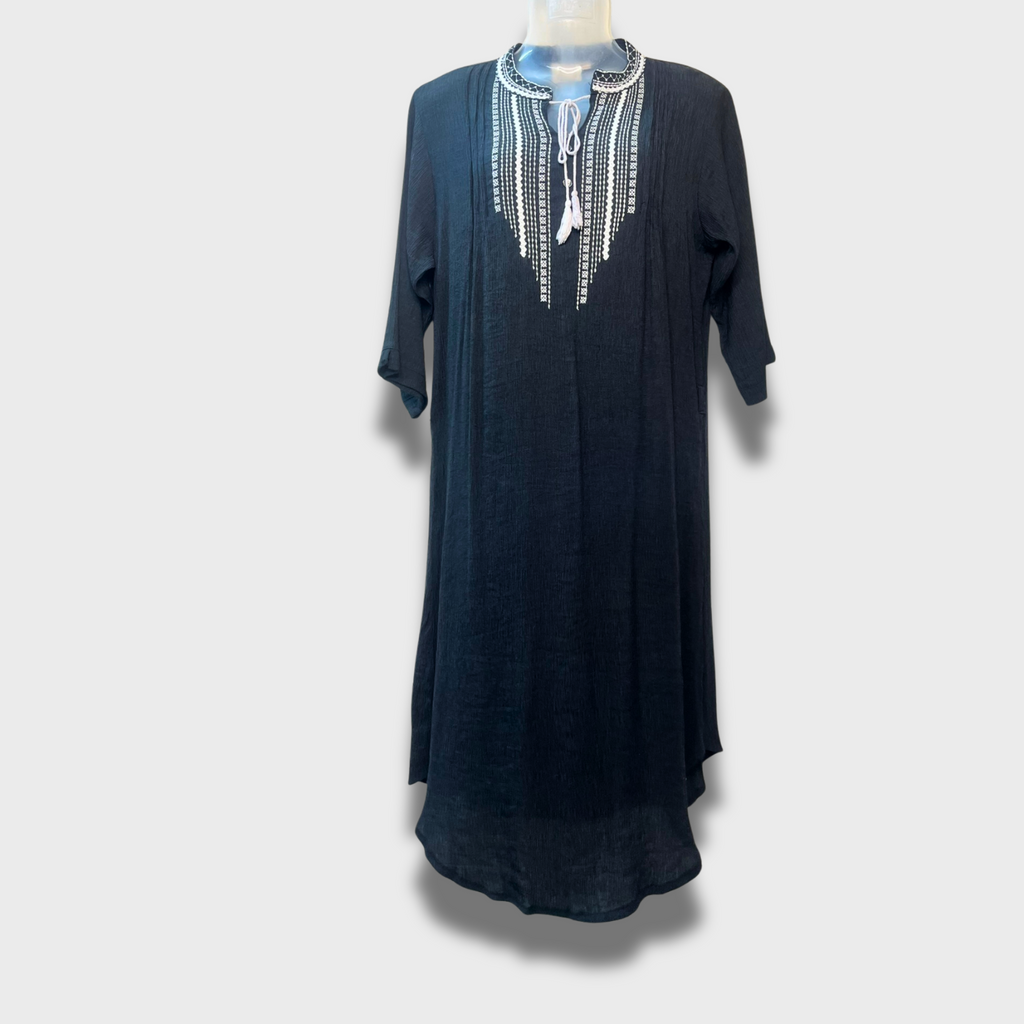 Women’s Black Soft Crinkle Kurti – Embroidered Neck, Full Sleeves, Size XXL | Zola Ethnic Elegance