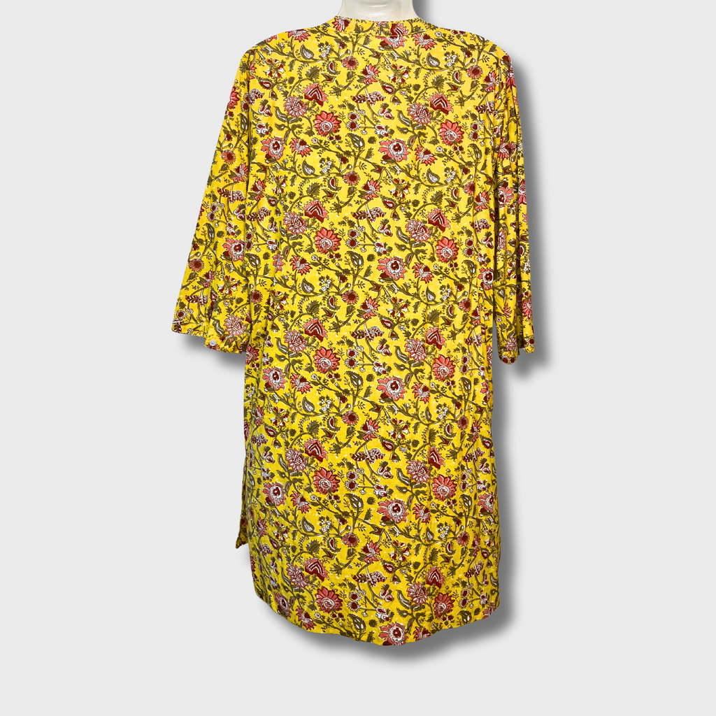 Women’s Floral Printed Yellow Kurti set with Leggings – XXL Size | Cotton A-Line Kurta with 3/4 Sleeves