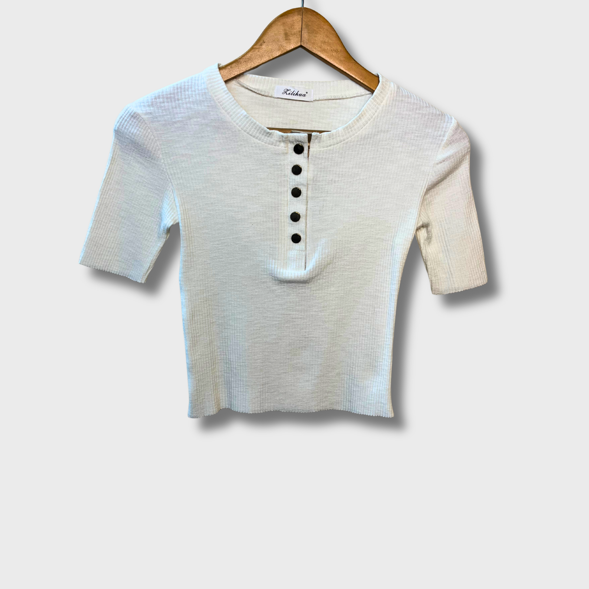 LILIHUA Women’s Cream White Korean Ribbed Top – Half Sleeves | Size S | Soft & Stylish