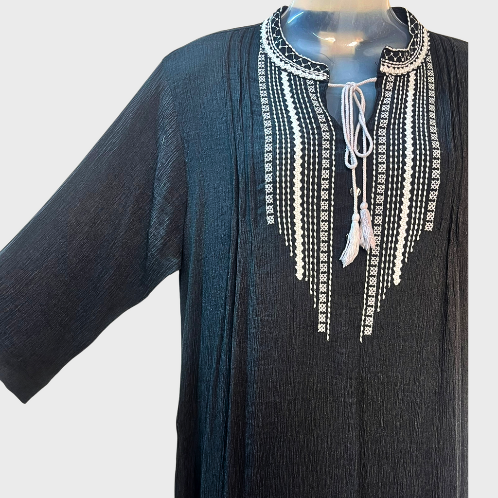 Women’s Black Soft Crinkle Kurti – Embroidered Neck, Full Sleeves, Size XXL | Zola Ethnic Elegance