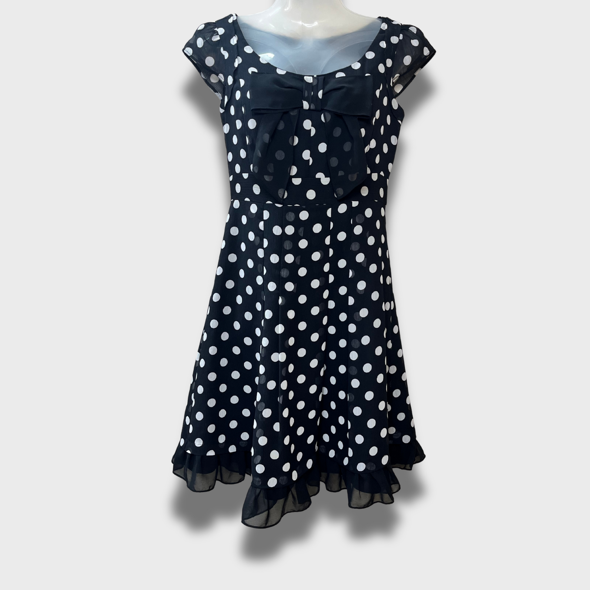 Women’s Black Georgette Polka Dot Dress – Size S | Chic Bow & Ruffled Hem
