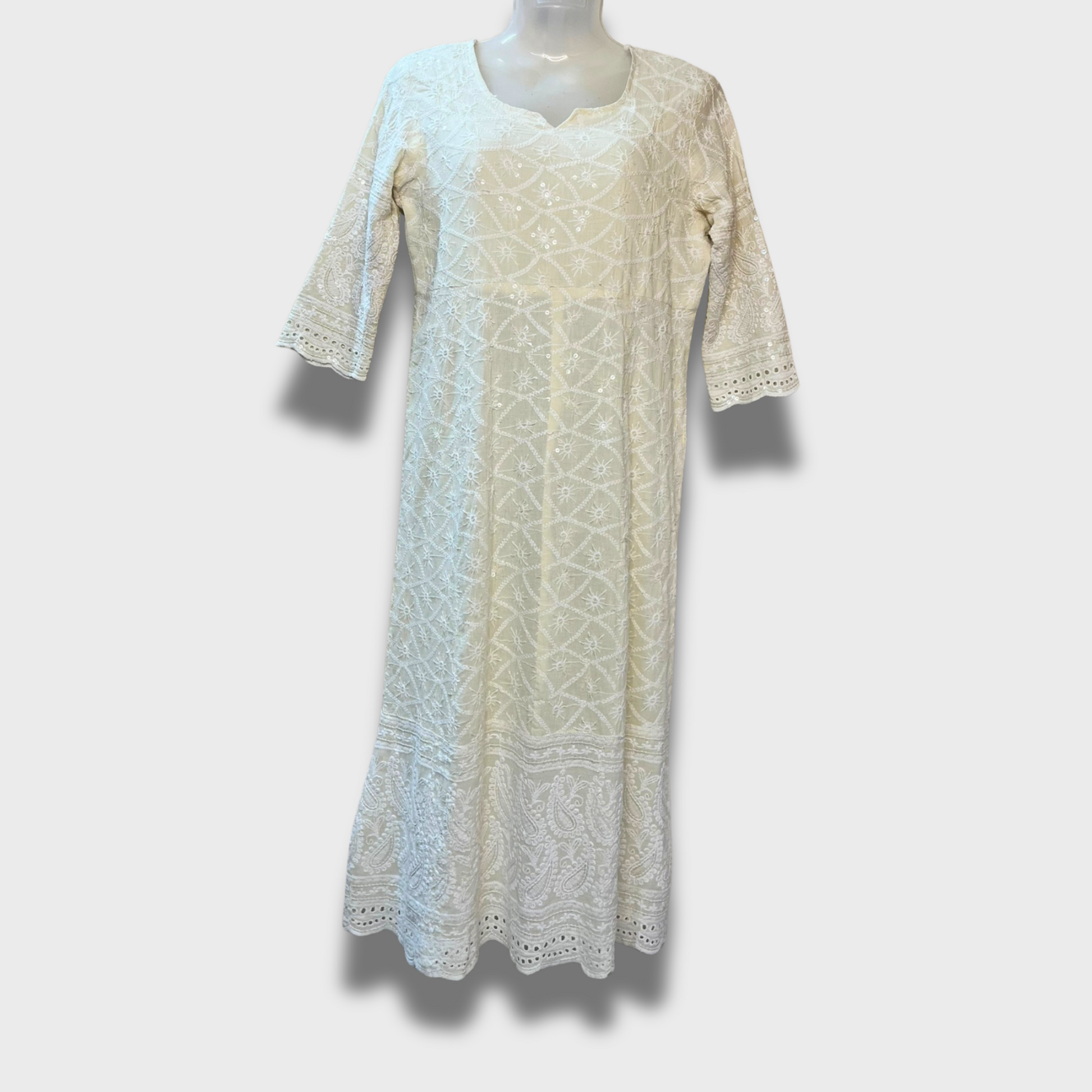 Women’s Light Lemon Yellow Chikankari Kurti – A-Line Anarkali, Full Sleeves, Size M | Elegant White Embroidery