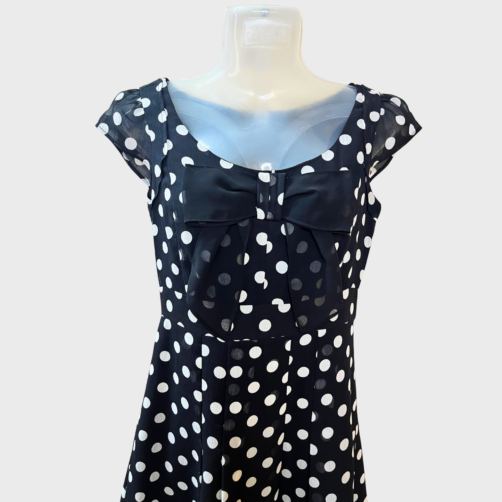 Women’s Black Georgette Polka Dot Dress – Size S | Chic Bow & Ruffled Hem