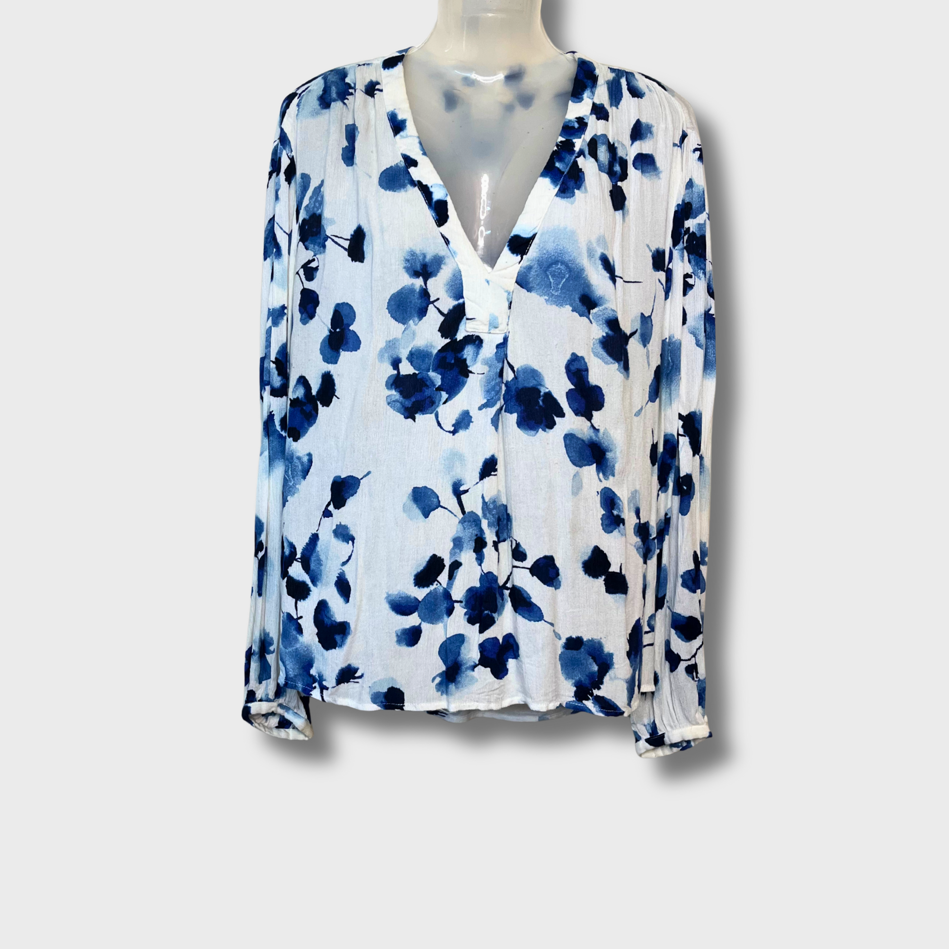 Women's White Floral Printed Crinkle Cotton Top – Plunged V-Neck, Full Sleeves | Size XL | L.O.G.G