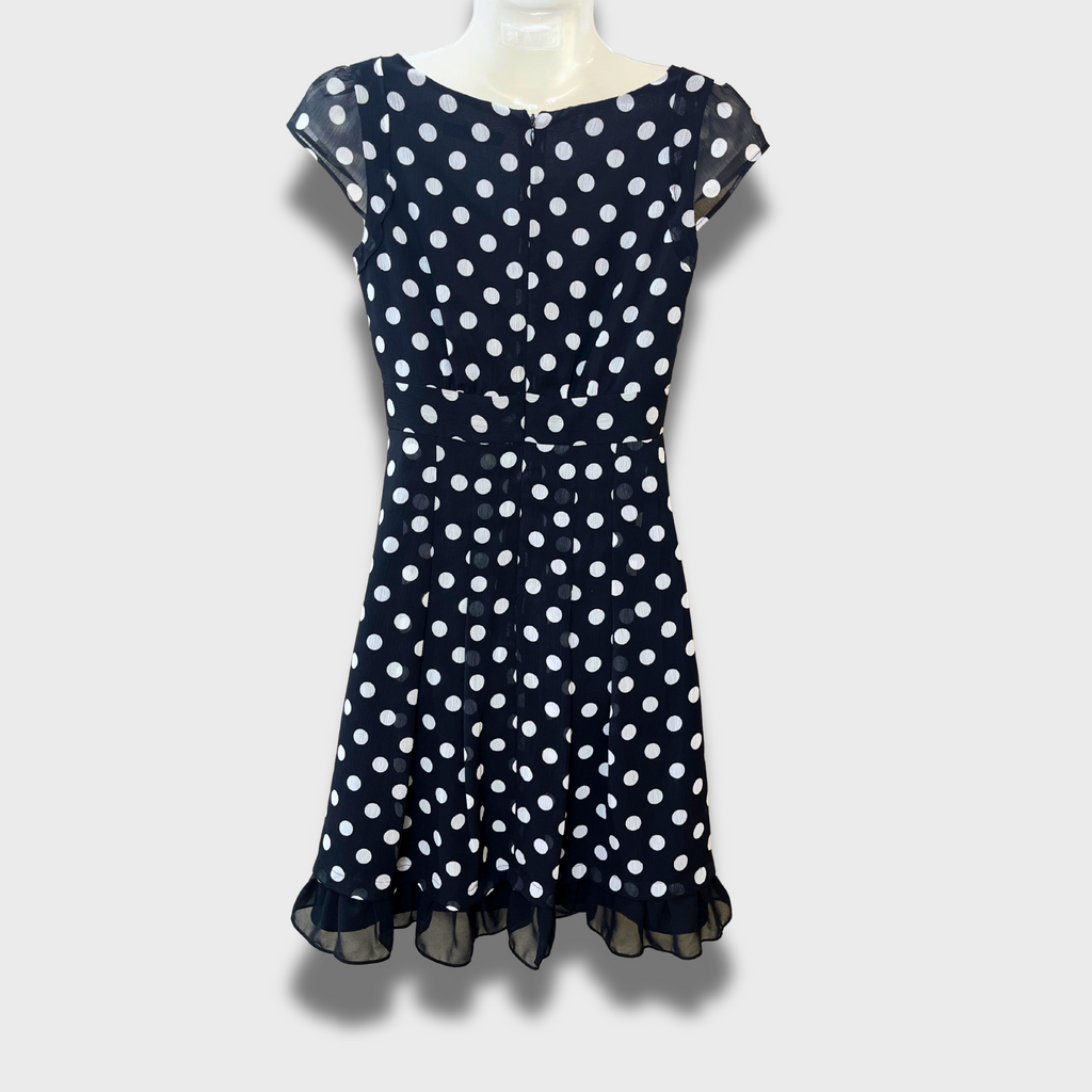 Women’s Black Georgette Polka Dot Dress – Size S | Chic Bow & Ruffled Hem