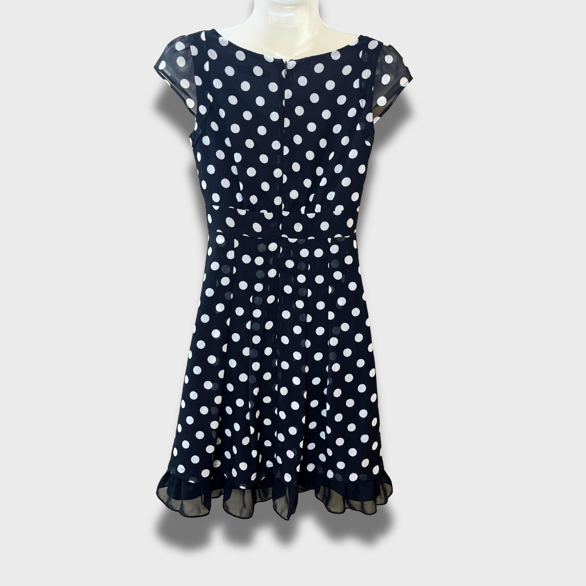 Women’s Black Georgette Polka Dot Dress – Size S | Chic Bow & Ruffled Hem