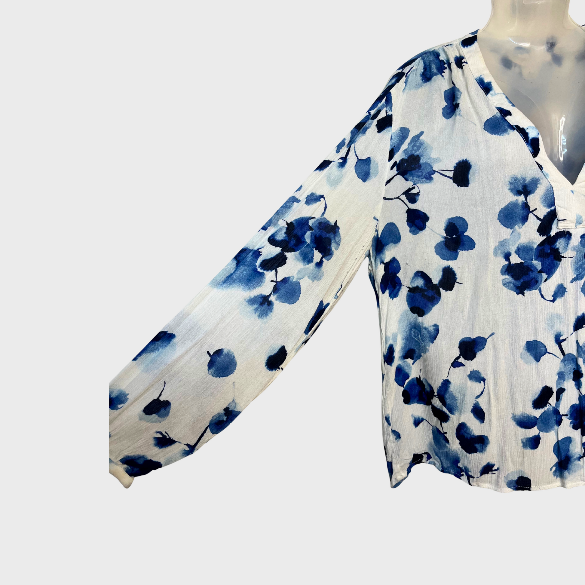 Women's White Floral Printed Crinkle Cotton Top – Plunged V-Neck, Full Sleeves | Size XL | L.O.G.G