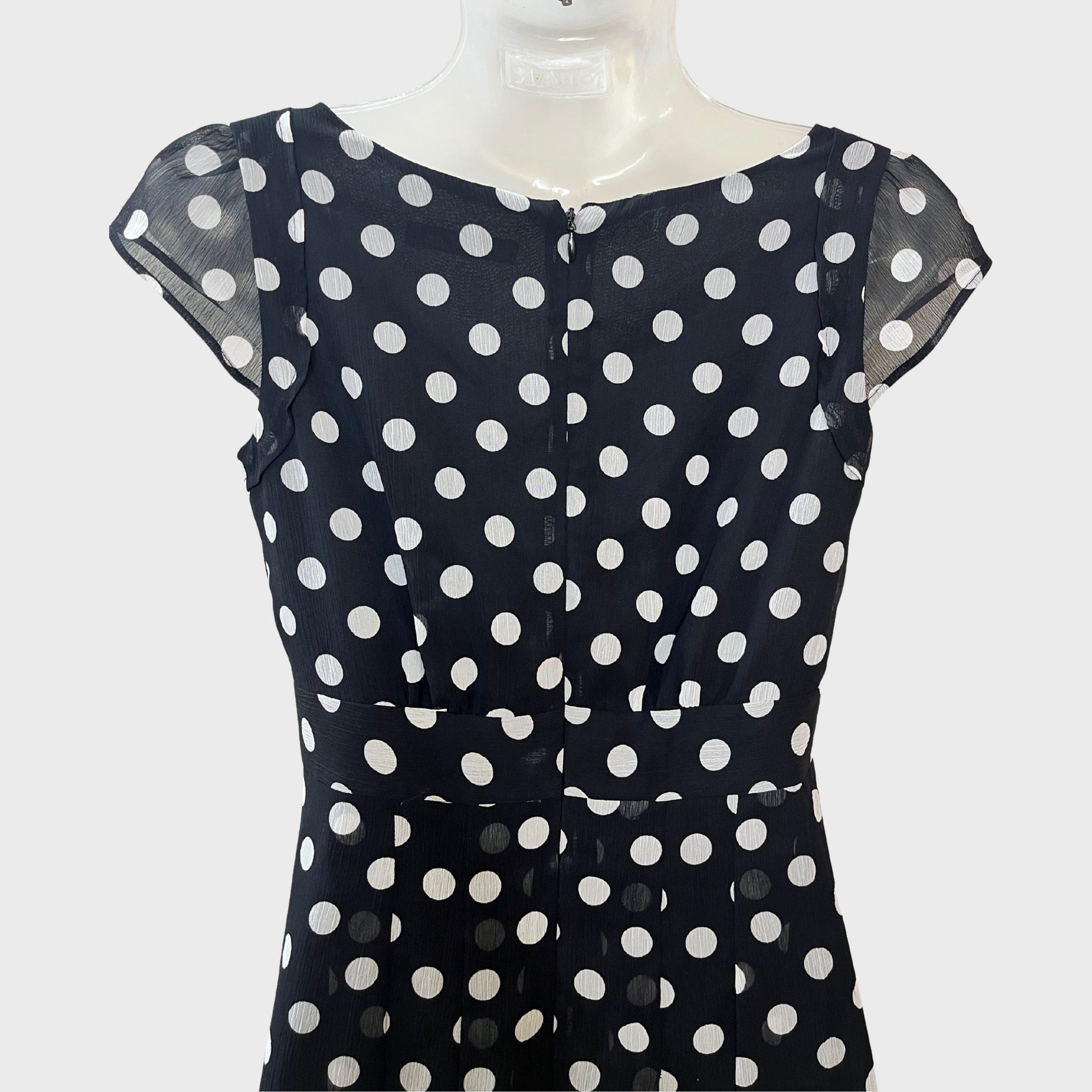 Women’s Black Georgette Polka Dot Dress – Size S | Chic Bow & Ruffled Hem