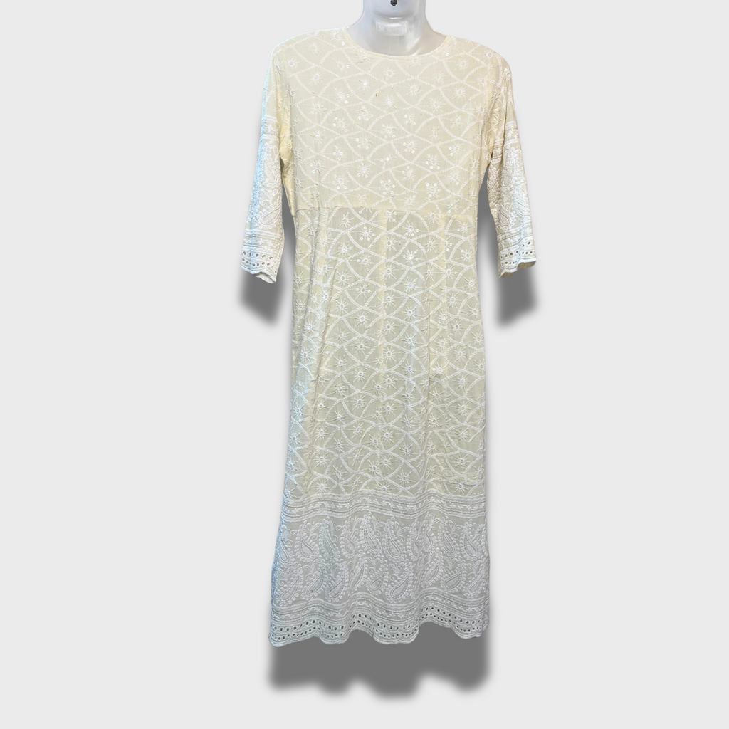 Women’s Light Lemon Yellow Chikankari Kurti – A-Line Anarkali, Full Sleeves, Size M | Elegant White Embroidery