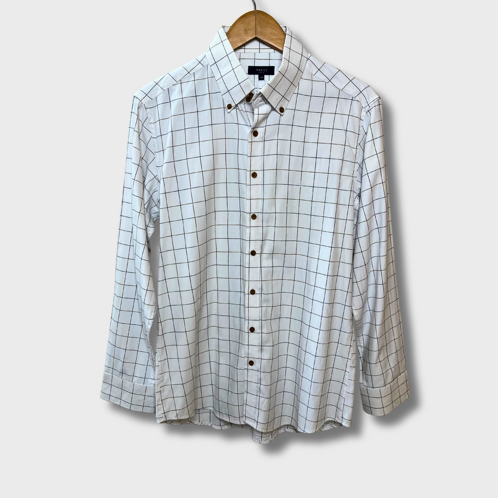 Men's White Big Check Formal Shirt – Size L | Premium Office Wear by Vacci