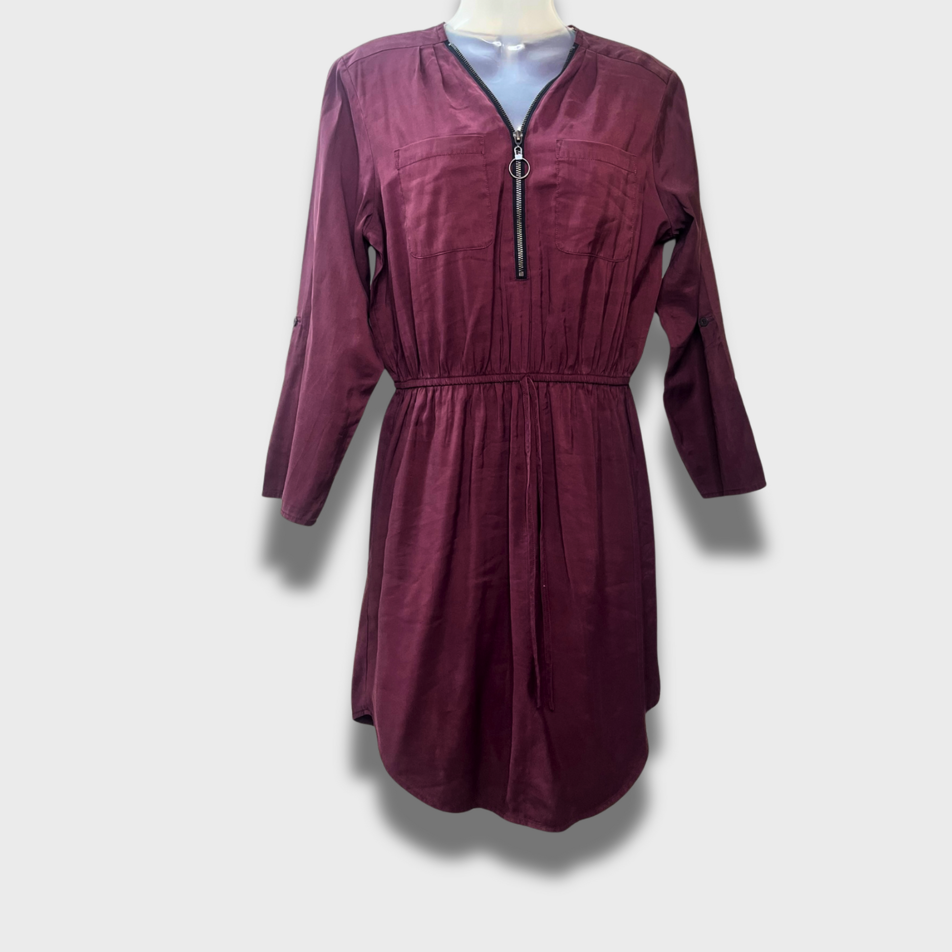 Women’s Maroon Rayon Dress – Full Sleeves, Pockets & Chain Front | Size S by Aiki Keylook