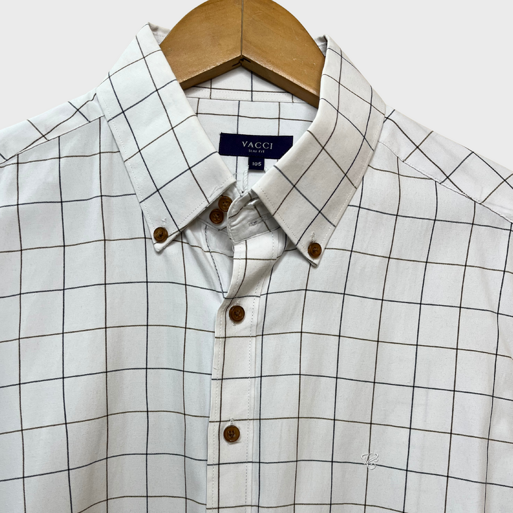 Men's White Big Check Formal Shirt – Size L | Premium Office Wear by Vacci