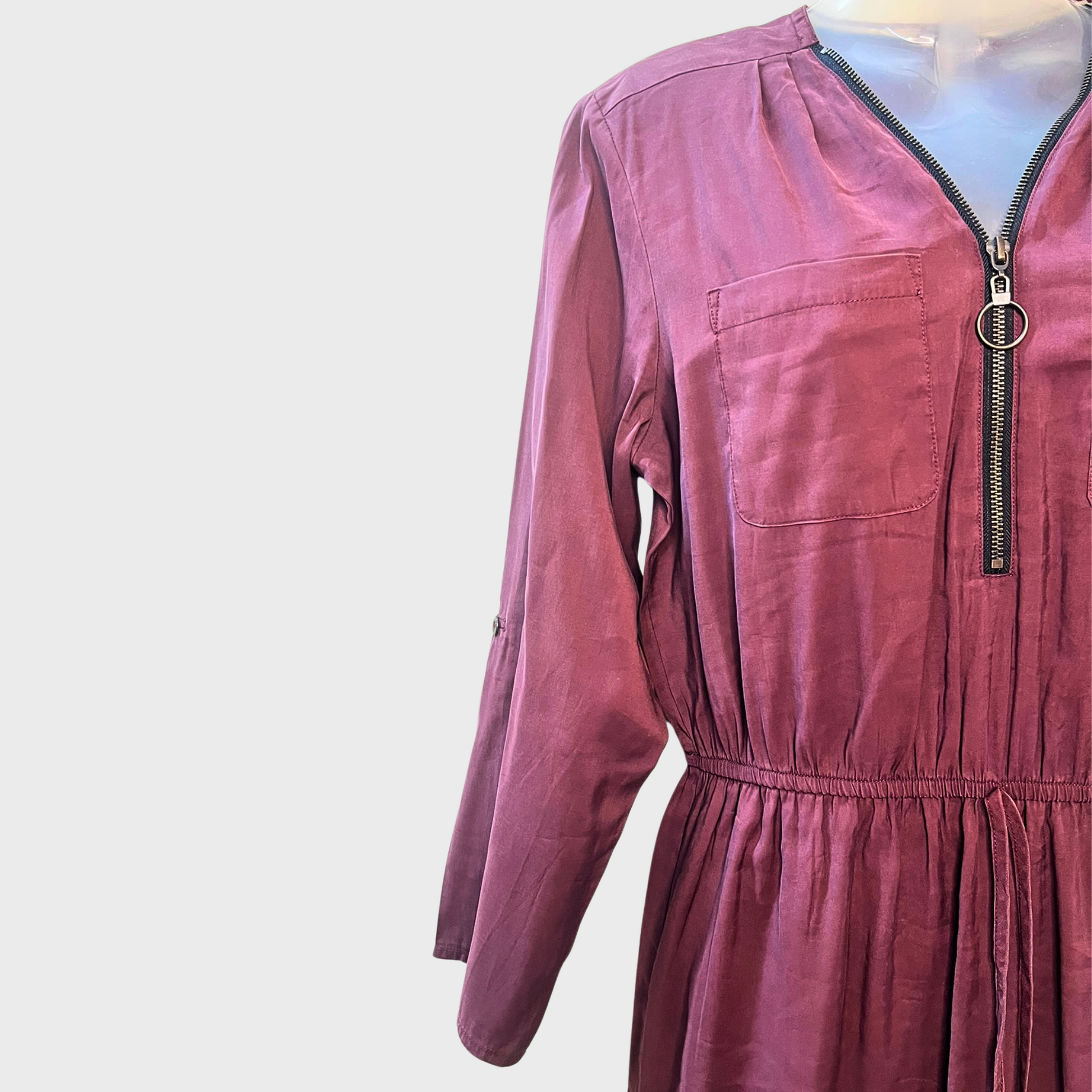 Women’s Maroon Rayon Dress – Full Sleeves, Pockets & Chain Front | Size S by Aiki Keylook