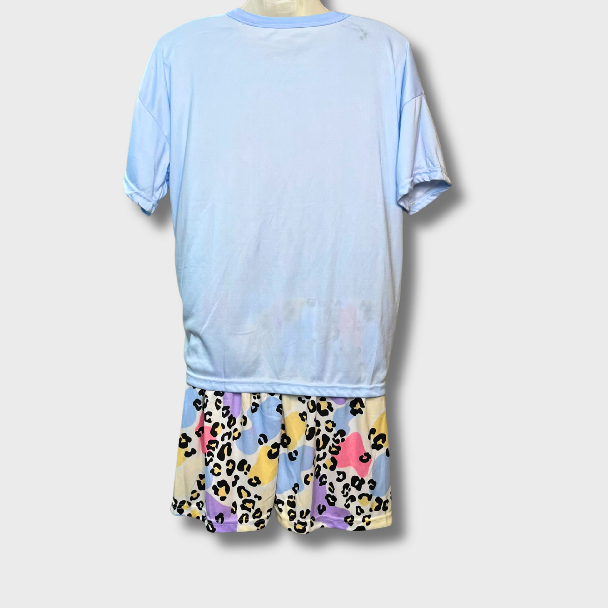 Women’s Light Blue & Purple Cheetah Print Night Suit – Size M | Comfy Polyester Half Sleeve Set with shorts and full pants