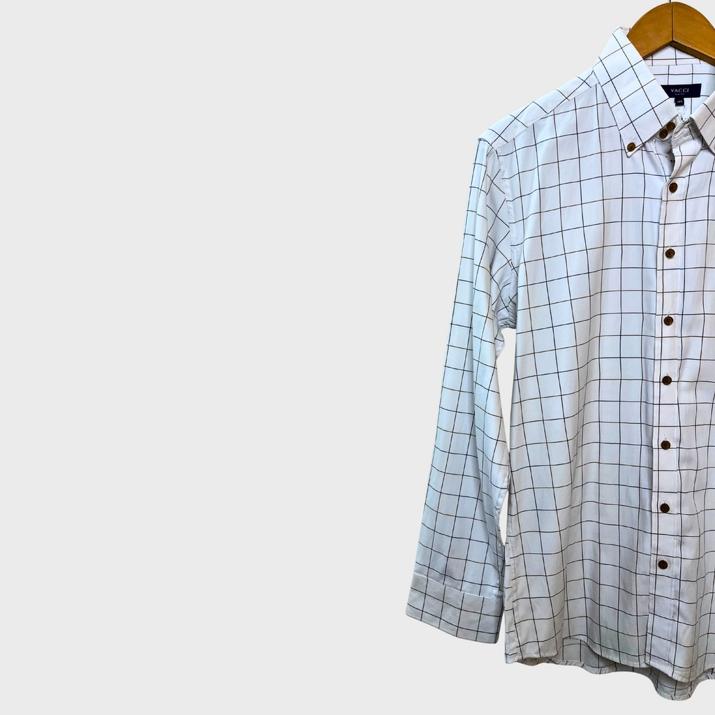 Men's White Big Check Formal Shirt – Size L | Premium Office Wear by Vacci