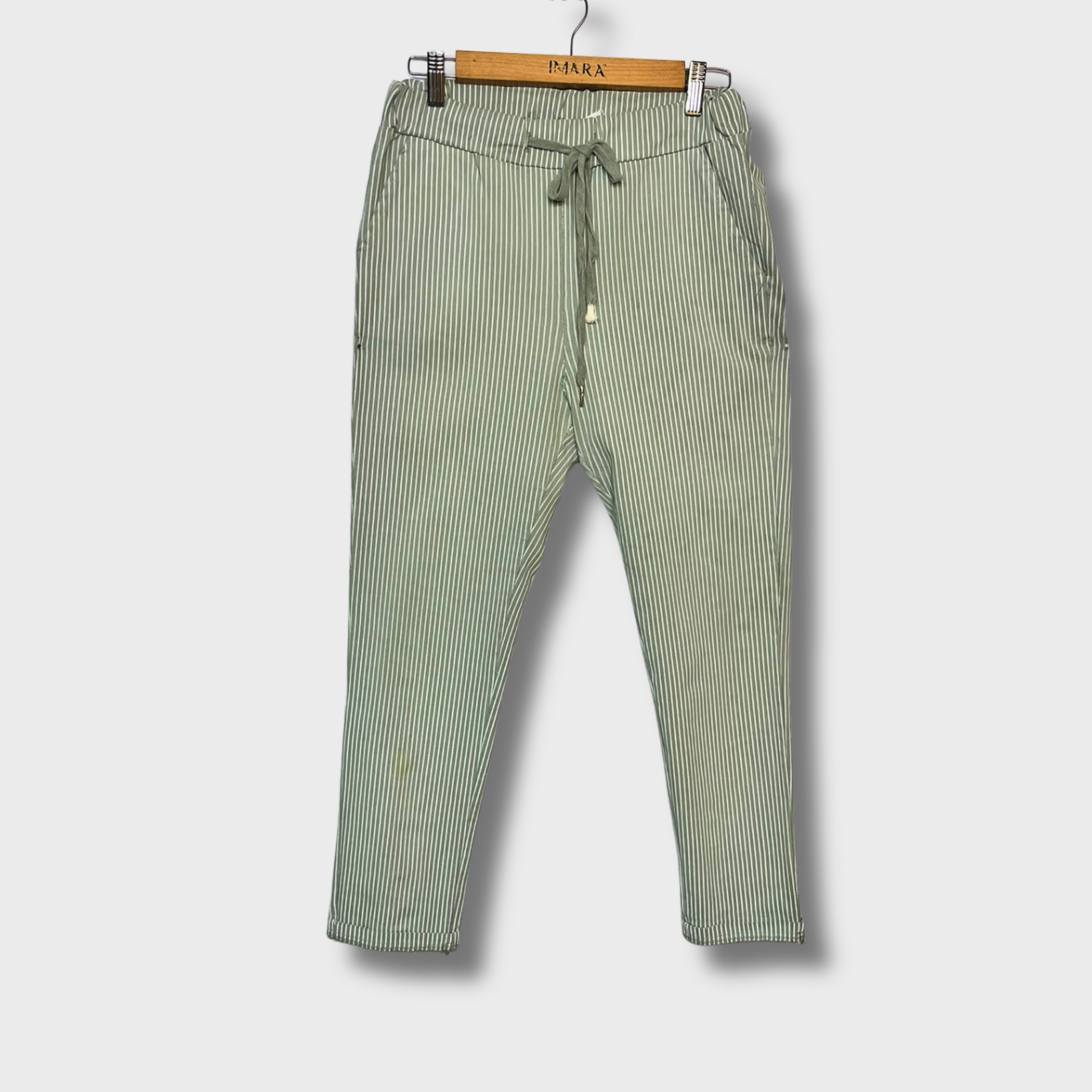 Women’s Semi-Formal Pista Green Striped Trousers – Size 28 Waist | Comfortable & Stylish by Top Trendy