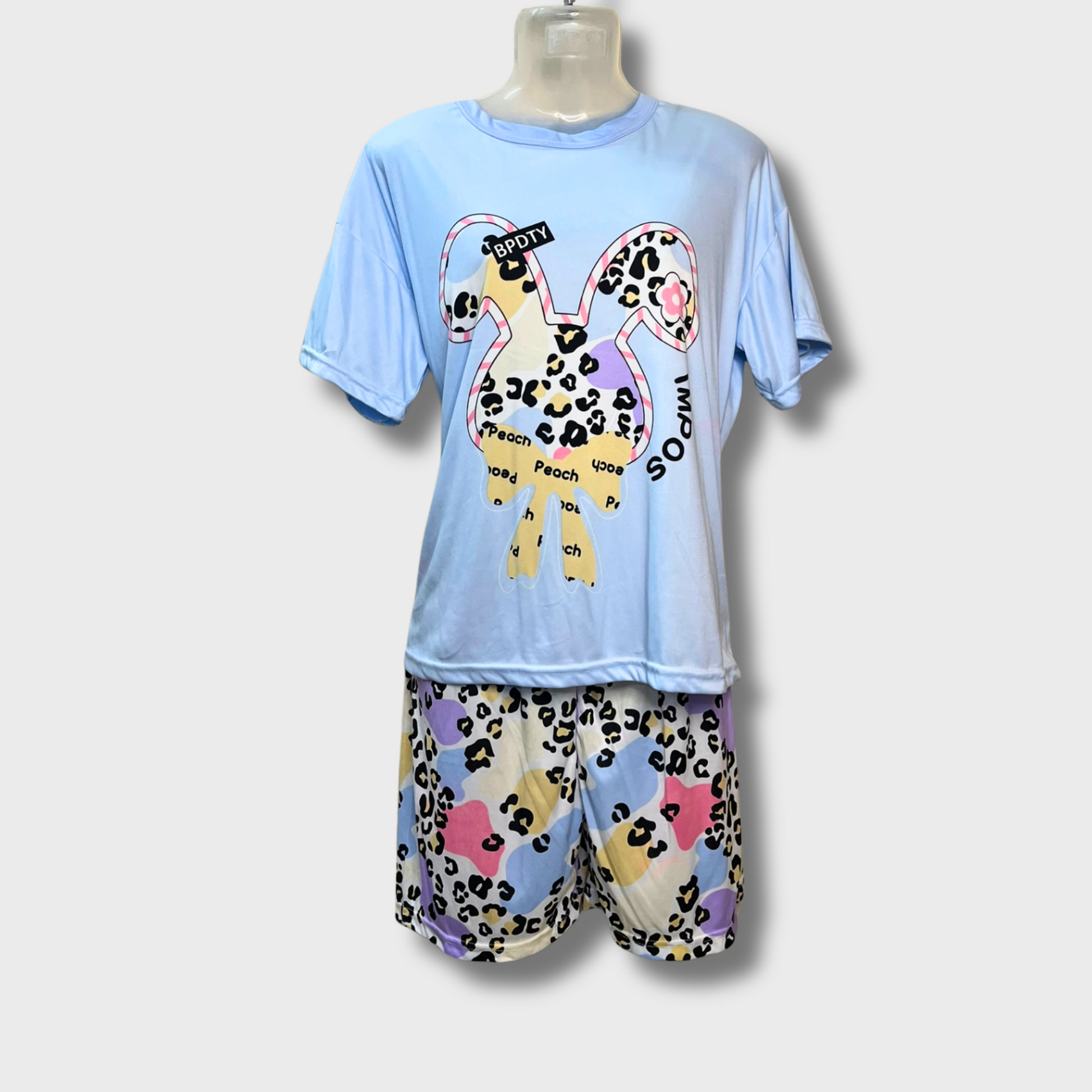 Women’s Light Blue & Purple Cheetah Print Night Suit – Size M | Comfy Polyester Half Sleeve Set with shorts and full pants