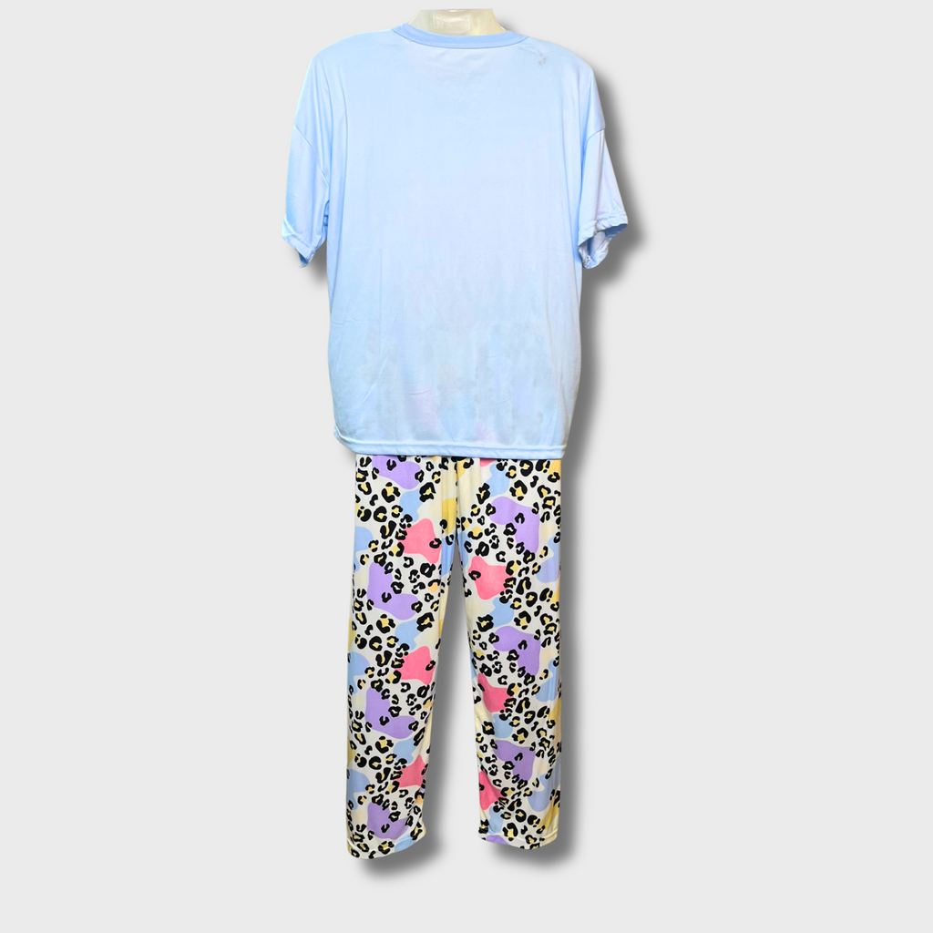 Women’s Light Blue & Purple Cheetah Print Night Suit – Size M | Comfy Polyester Half Sleeve Set with shorts and full pants