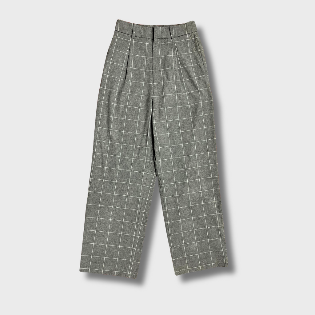 Women’s Smoke Grey Check Trousers – Wide-Legged Comfort | UNIQLO Clean Fit (Waist 26)