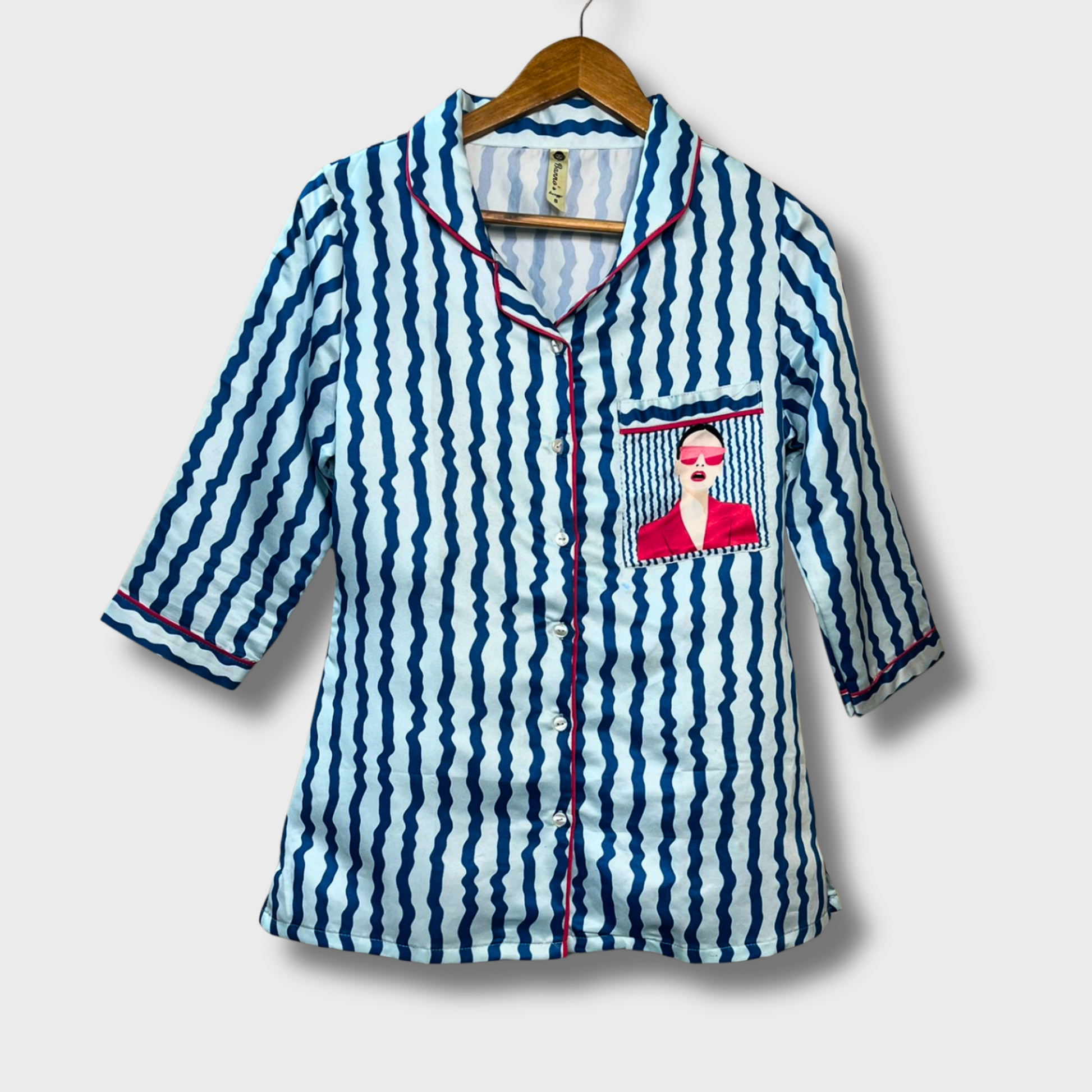 Women’s Light Blue Striped Night Suit – Funky Girl Print, Size S | Comfy Half-Sleeve Set with Full Pants