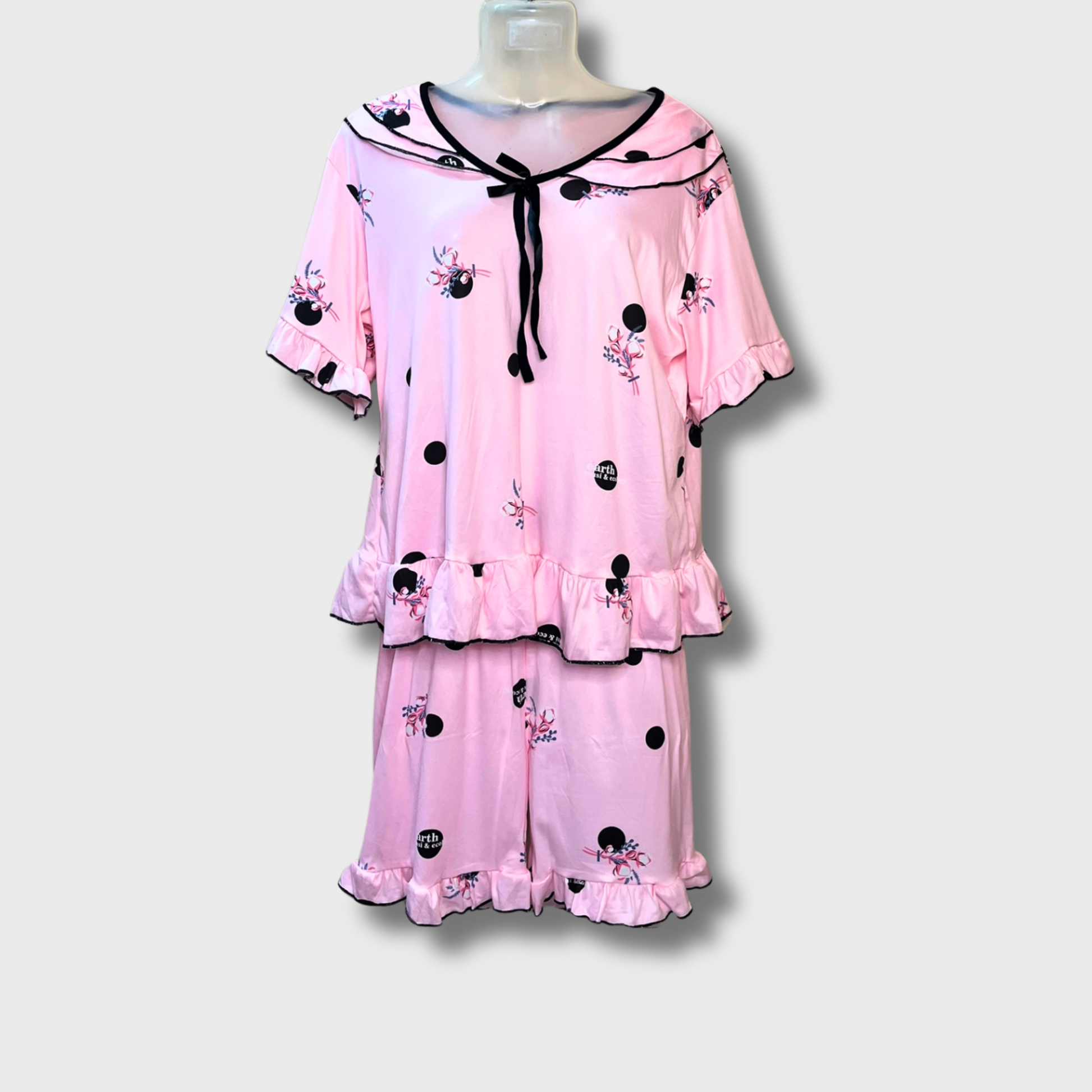 Women’s Baby Pink Floral Night Suit – Ruffle Shorts & Bow Top | Comfy Polyester Sleepwear (Size M)