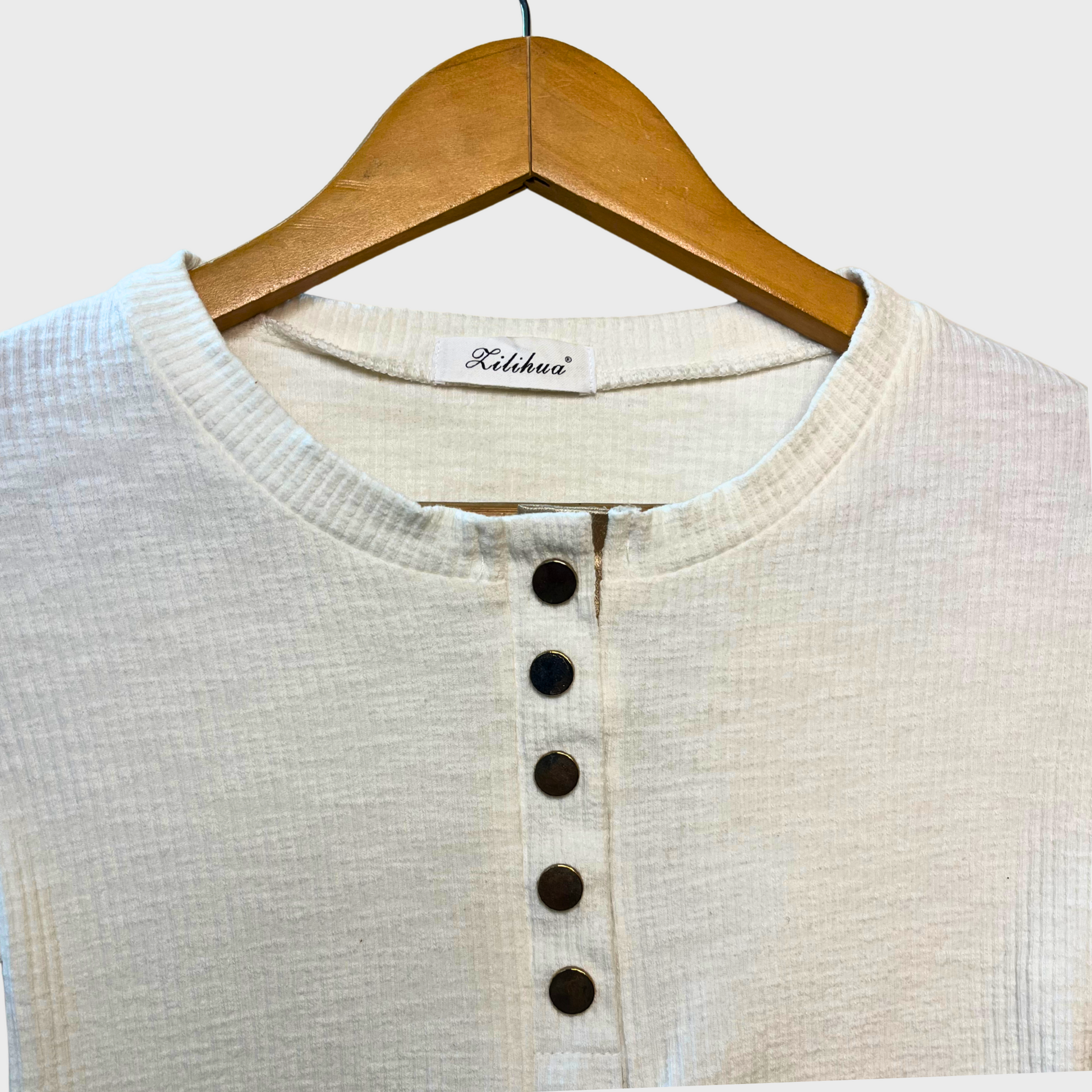 LILIHUA Women’s Cream White Korean Ribbed Top – Half Sleeves | Size S | Soft & Stylish