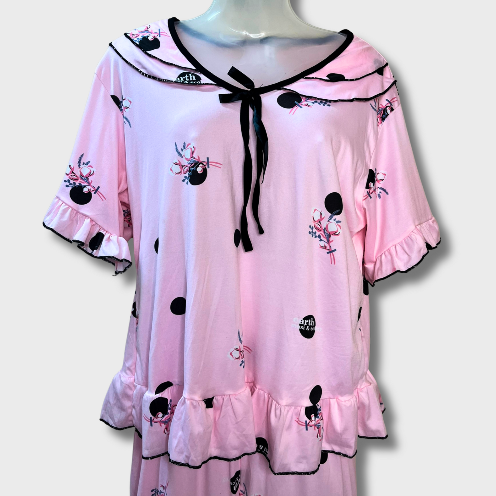 Women’s Baby Pink Floral Night Suit – Ruffle Shorts & Bow Top | Comfy Polyester Sleepwear (Size M)