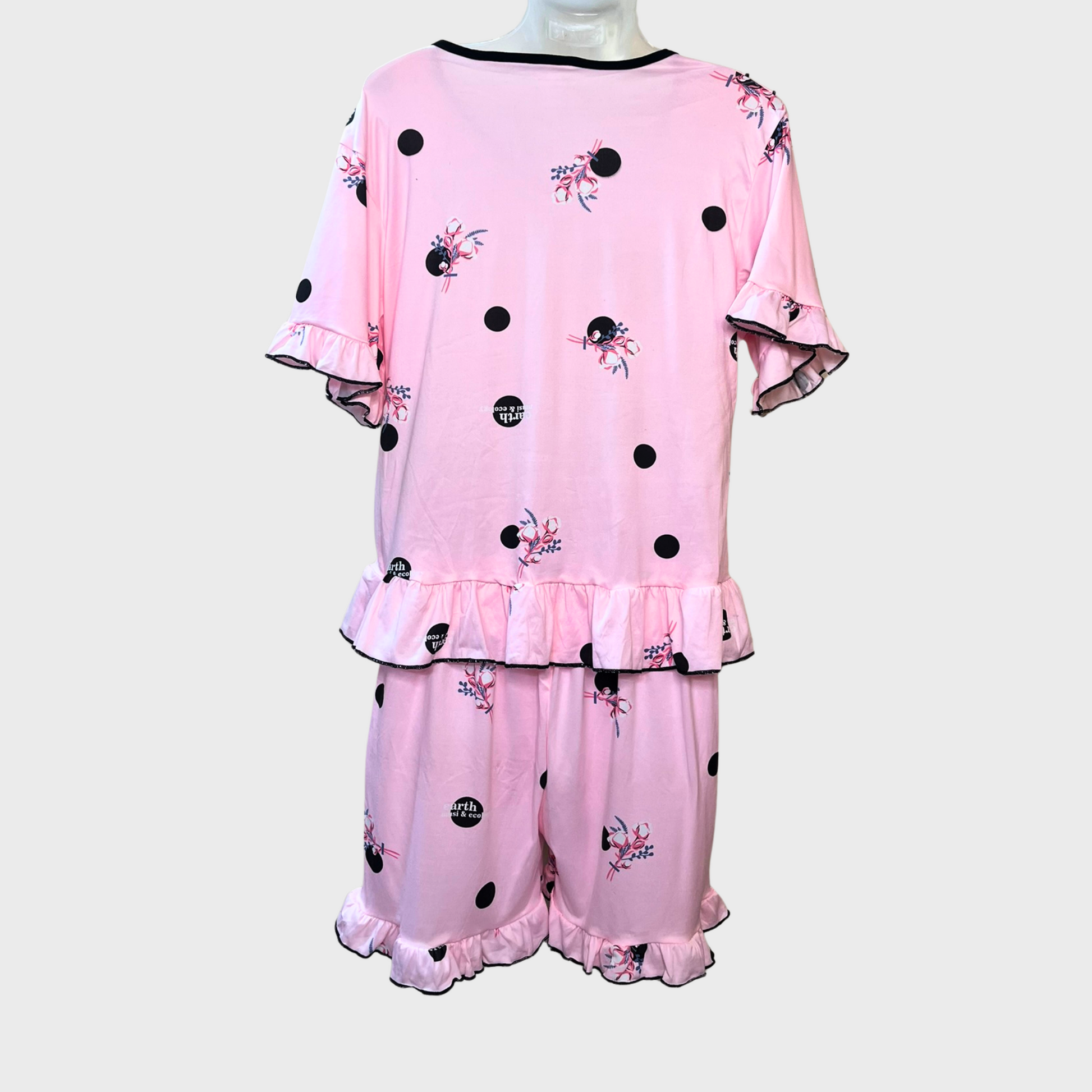 Women’s Baby Pink Floral Night Suit – Ruffle Shorts & Bow Top | Comfy Polyester Sleepwear (Size M)