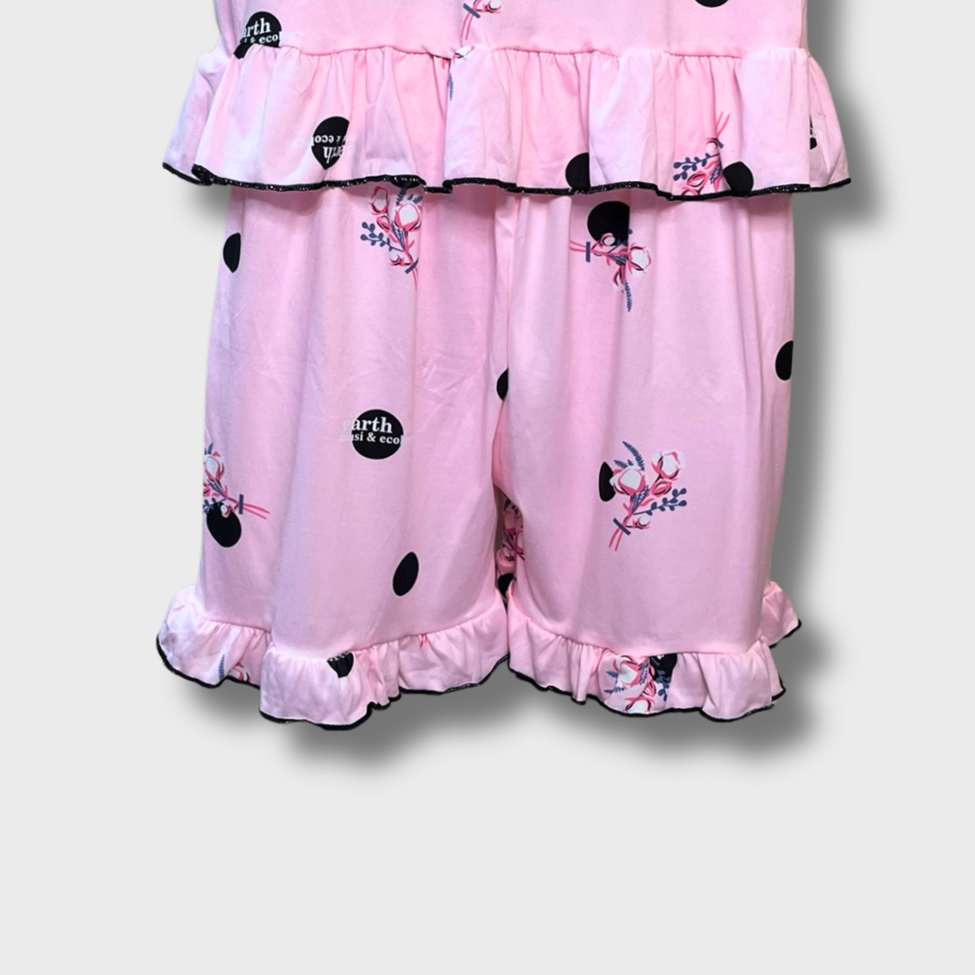 Women’s Baby Pink Floral Night Suit – Ruffle Shorts & Bow Top | Comfy Polyester Sleepwear (Size M)