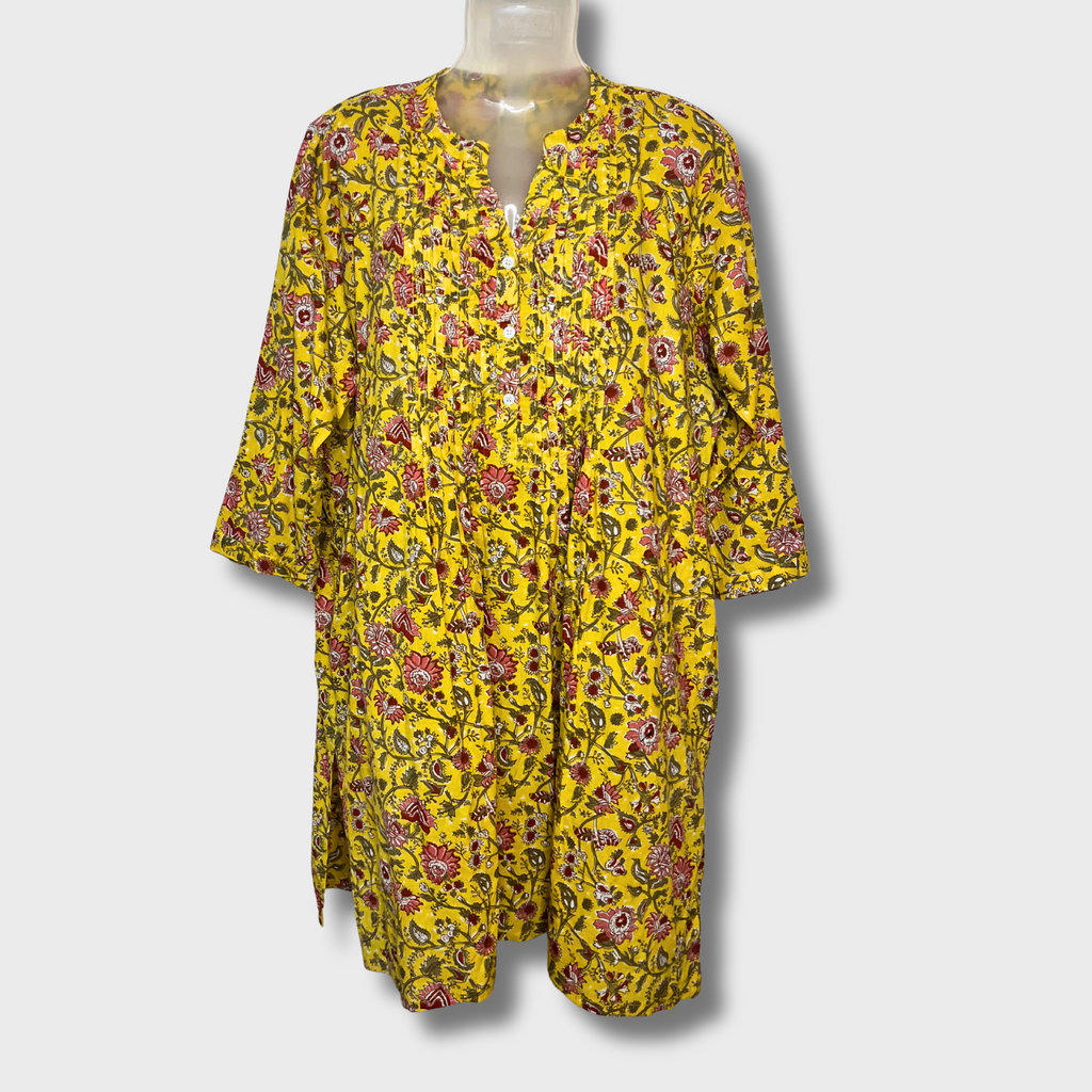 Women’s Floral Printed Yellow Kurti set with Leggings – XXL Size | Cotton A-Line Kurta with 3/4 Sleeves