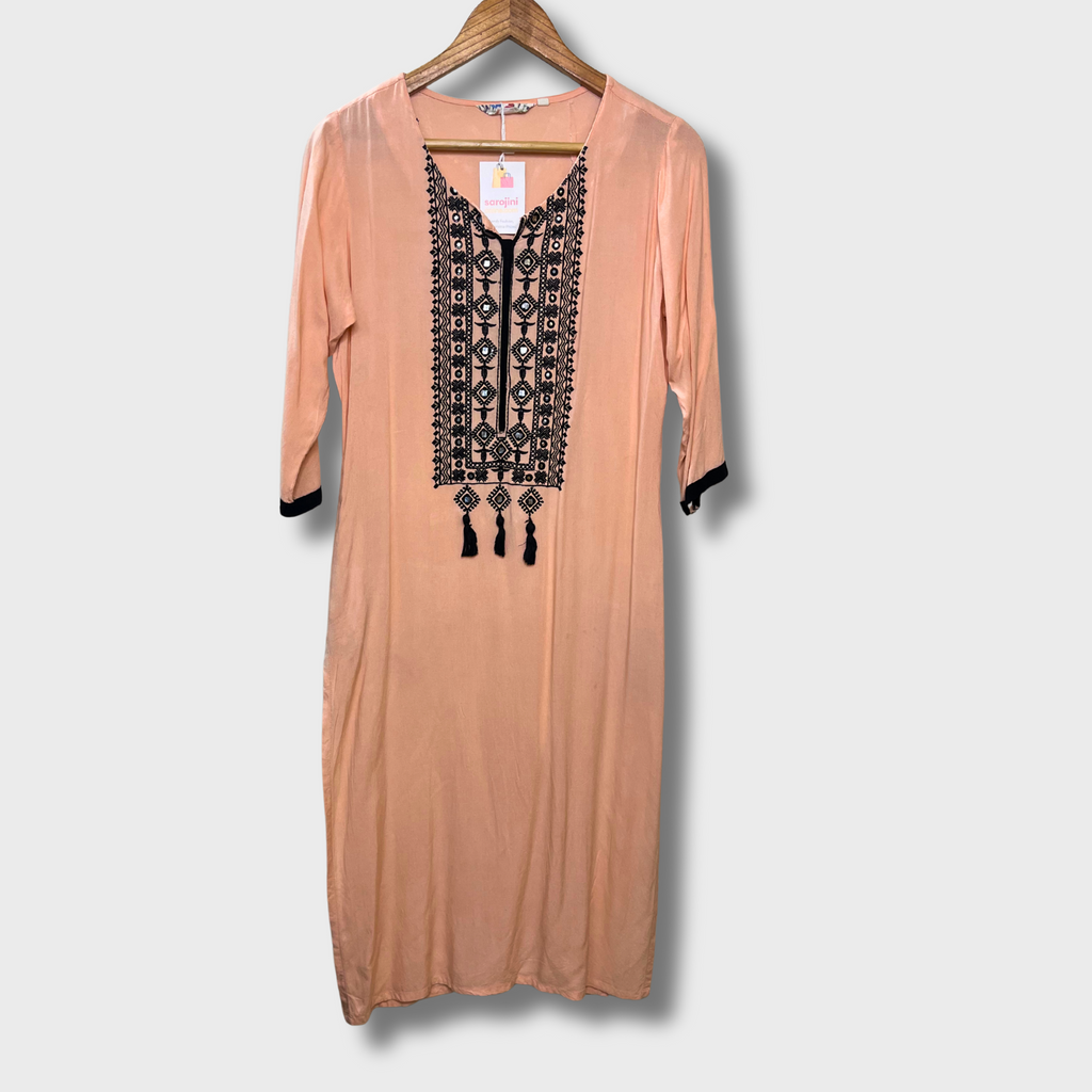 Women’s Casual Long Everyday Kurti – Peach Cotton with Black Embroidery (Size S) | SHREE