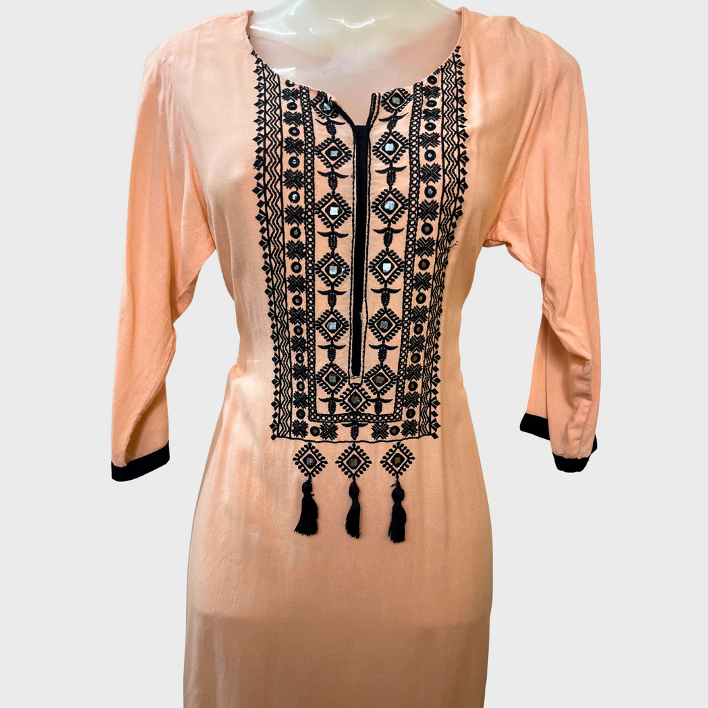 Women’s Casual Long Everyday Kurti – Peach Cotton with Black Embroidery (Size S) | SHREE