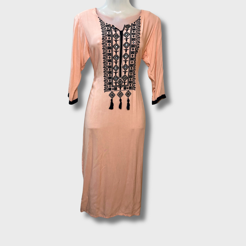 Women’s Casual Long Everyday Kurti – Peach Cotton with Black Embroidery (Size S) | SHREE