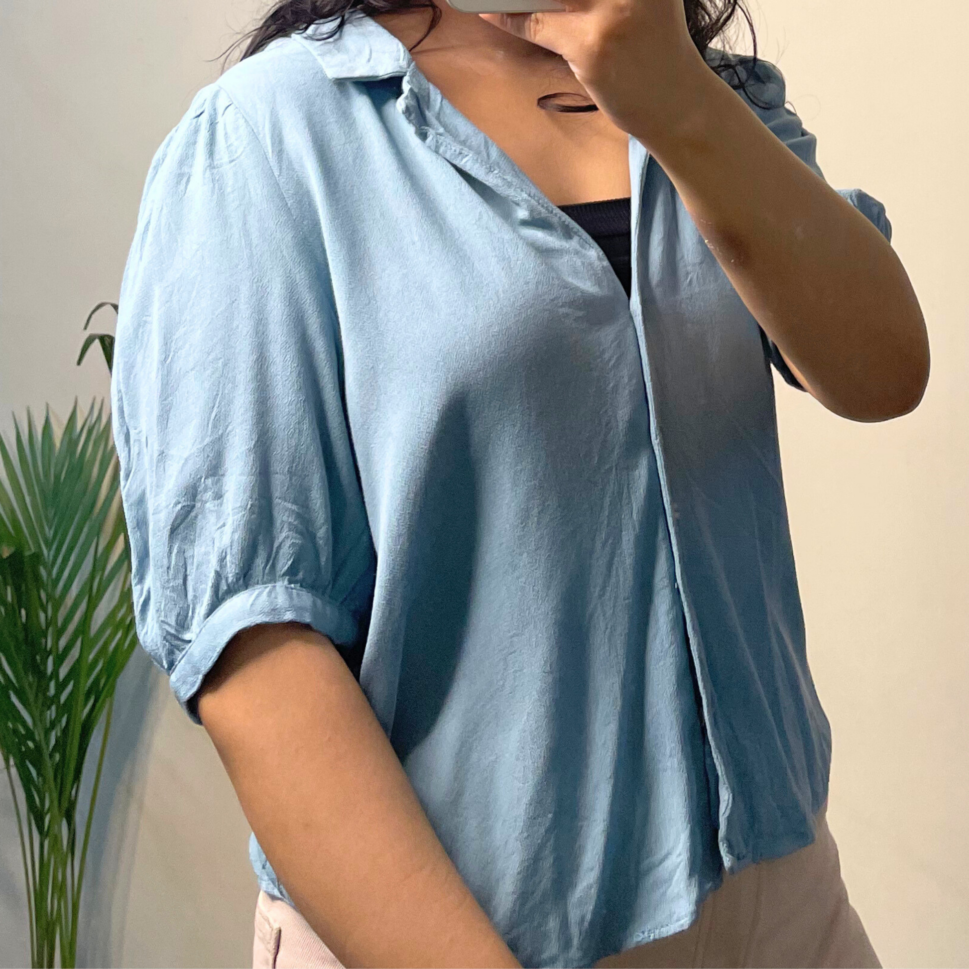 ZARA Women’s Soft Georgette Top – Grey Teal, Puffed Half Sleeves, Deep Neck Fancy Blouse (Size S)