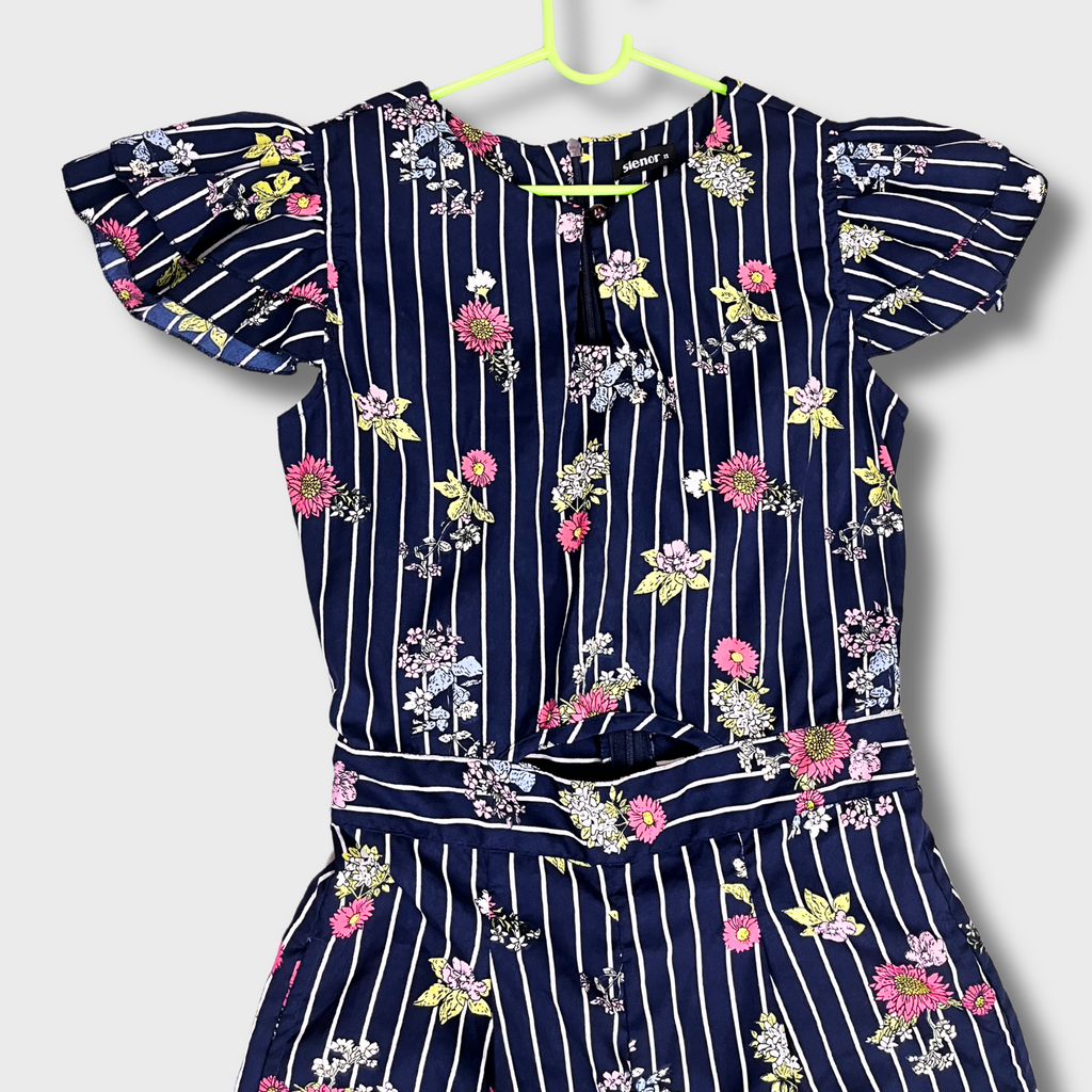 Women's Floral Printed Navy Blue Jumpsuit & Ruffled Sleeves & Cut-Out Back | Size XS | Slemor