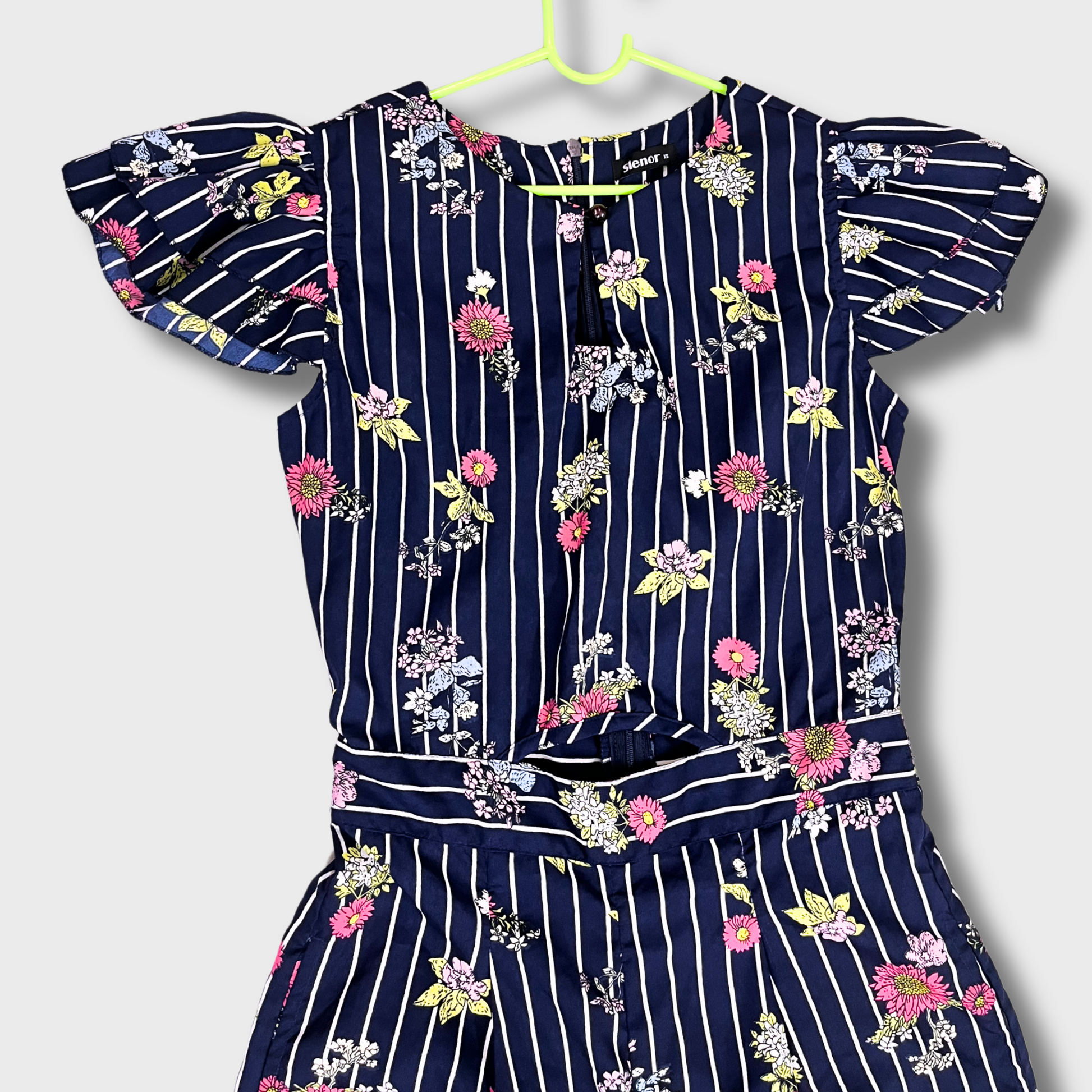 Women's Floral Printed Navy Blue Jumpsuit & Ruffled Sleeves & Cut-Out Back | Size XS | Slemor