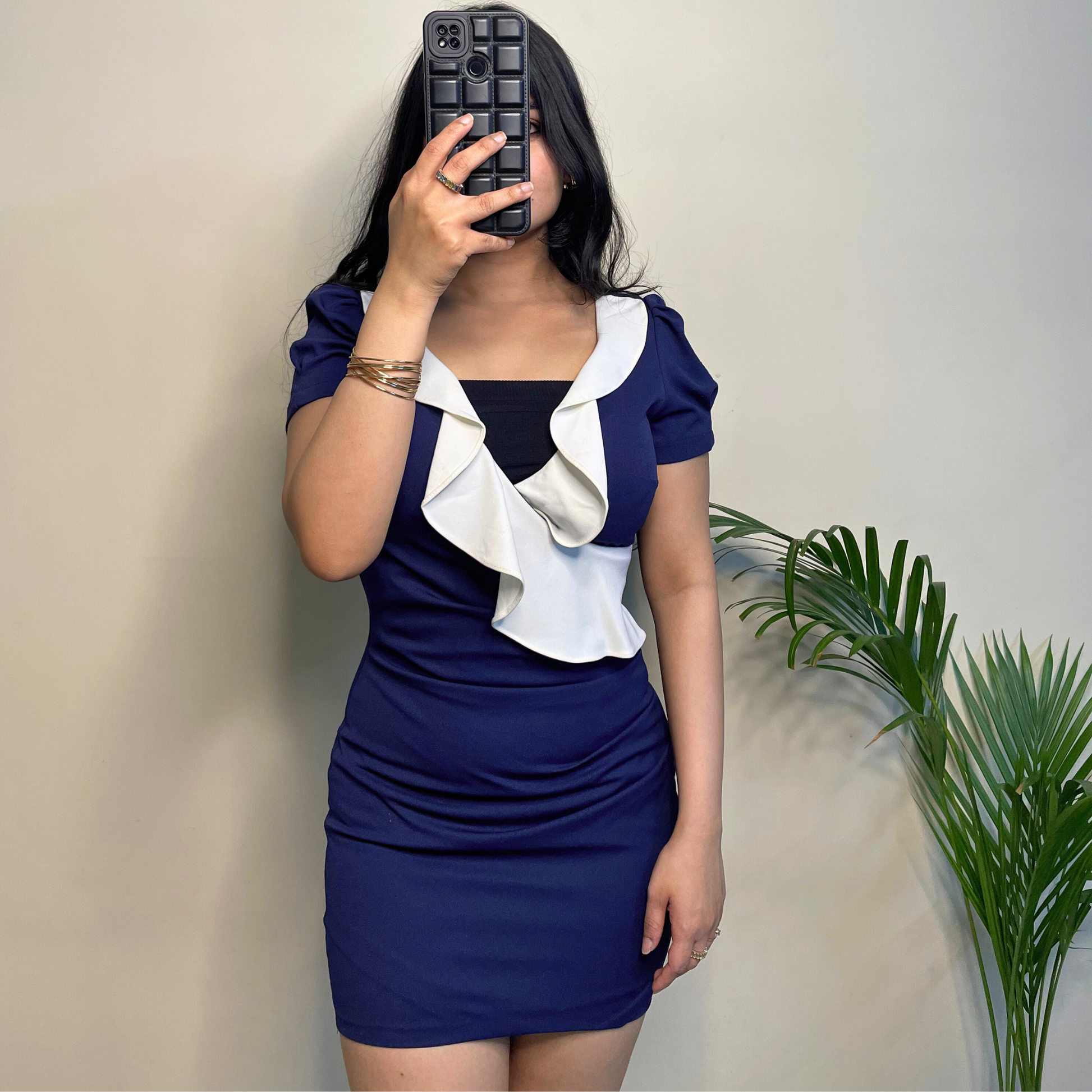 Elegant Navy Blue Bodycon Dress with White Ruffle Neck & Puff Sleeves – Party & Cocktail Wear