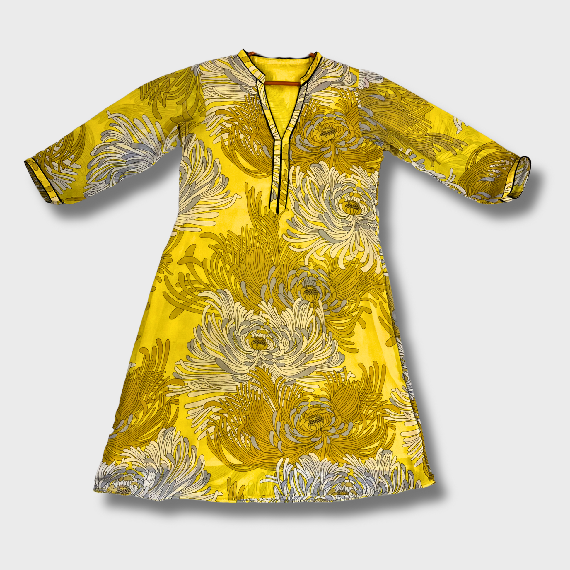 Women’s Yellow Georgette Printed Kurti – Floral Summer Kurti with Cotton Lining | Size M | Full Sleeves