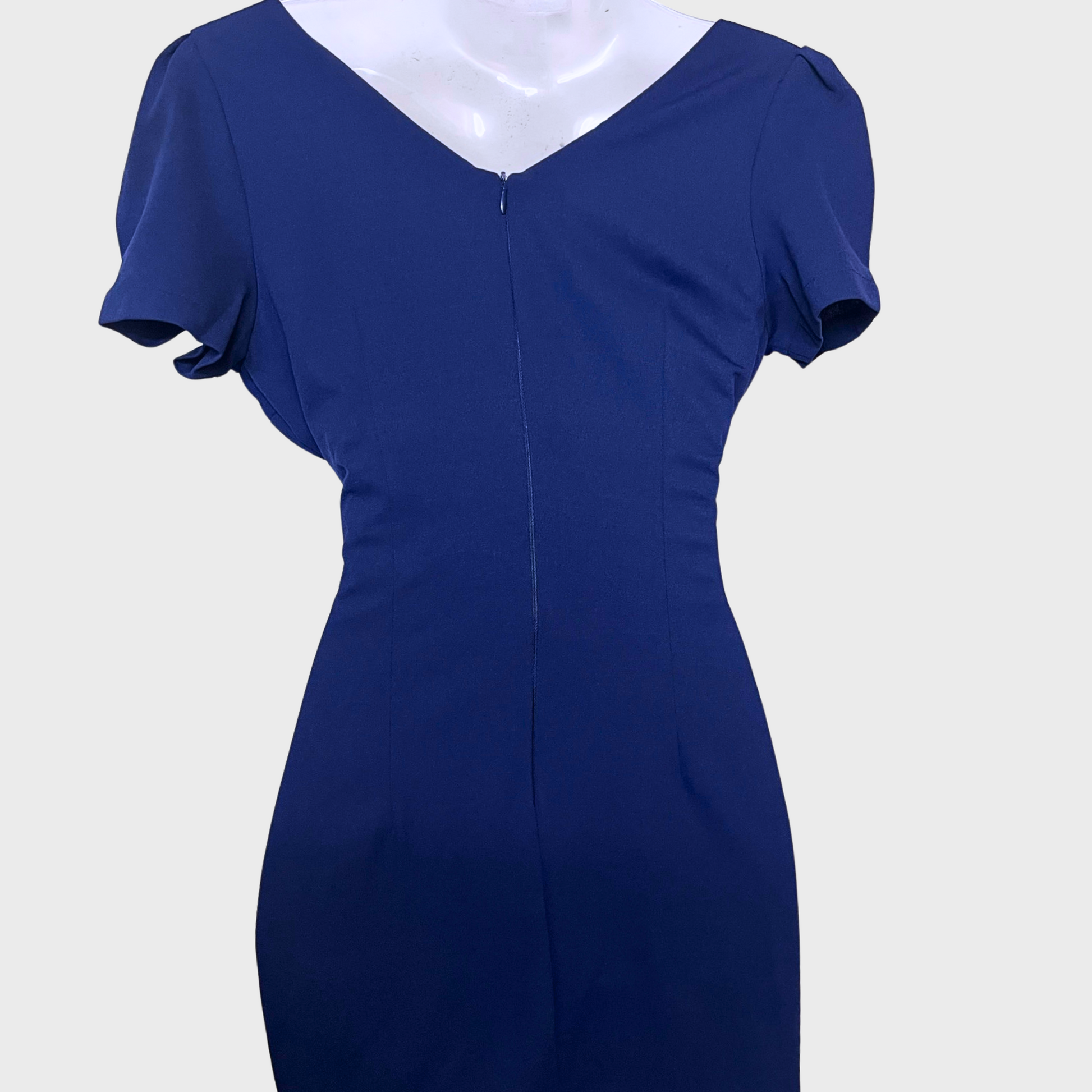 Elegant Navy Blue Bodycon Dress with White Ruffle Neck & Puff Sleeves – Party & Cocktail Wear