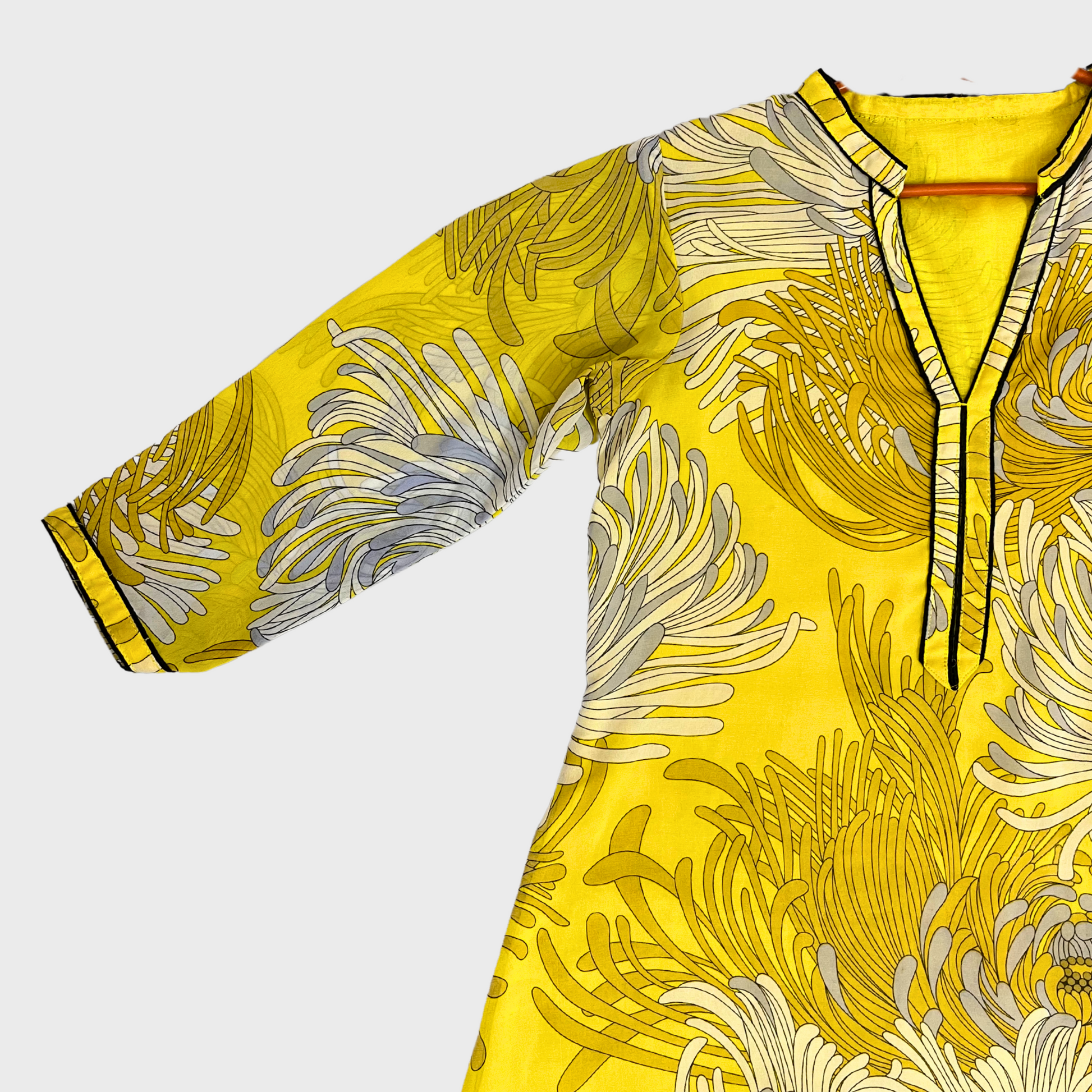 Women’s Yellow Georgette Printed Kurti – Floral Summer Kurti with Cotton Lining | Size M | Full Sleeves