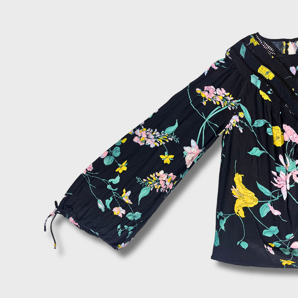 Women's Floral Printed Black Top â€“ Balloon Sleeves & Cutwork Neckline | Size L by Oasis
