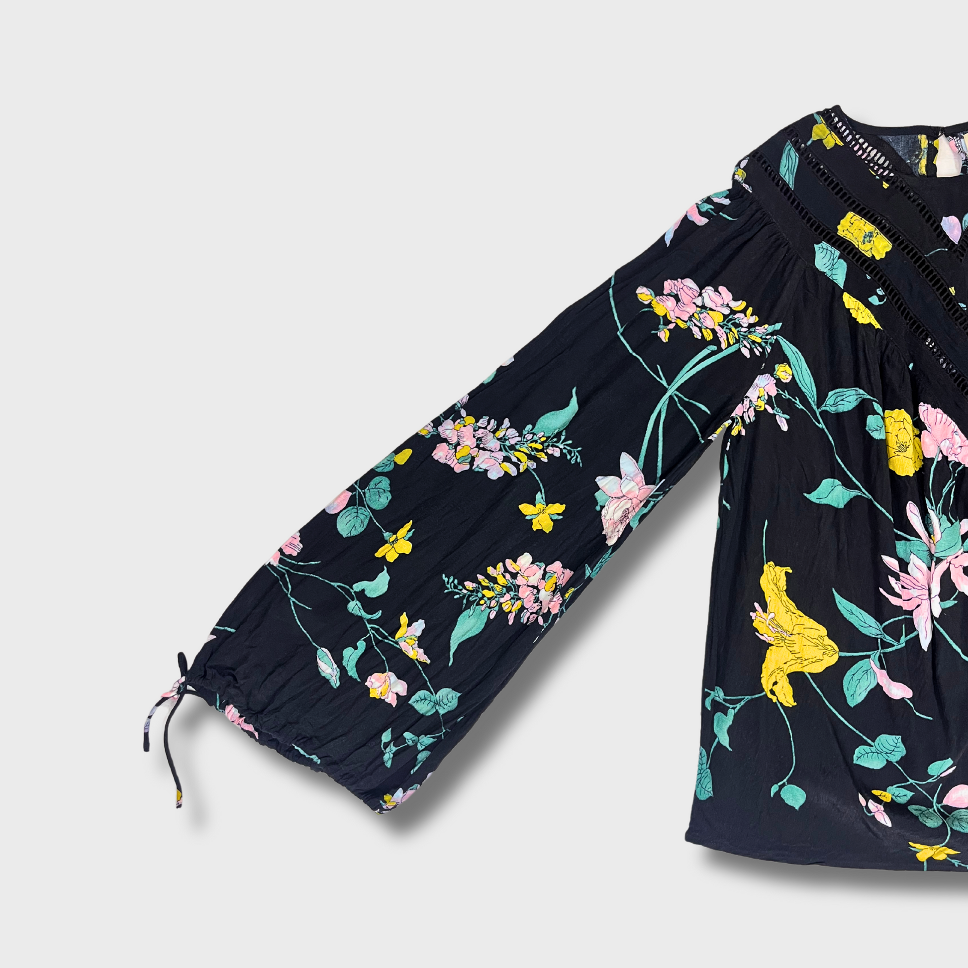 Women's Floral Printed Black Top â€“ Balloon Sleeves & Cutwork Neckline | Size L by Oasis