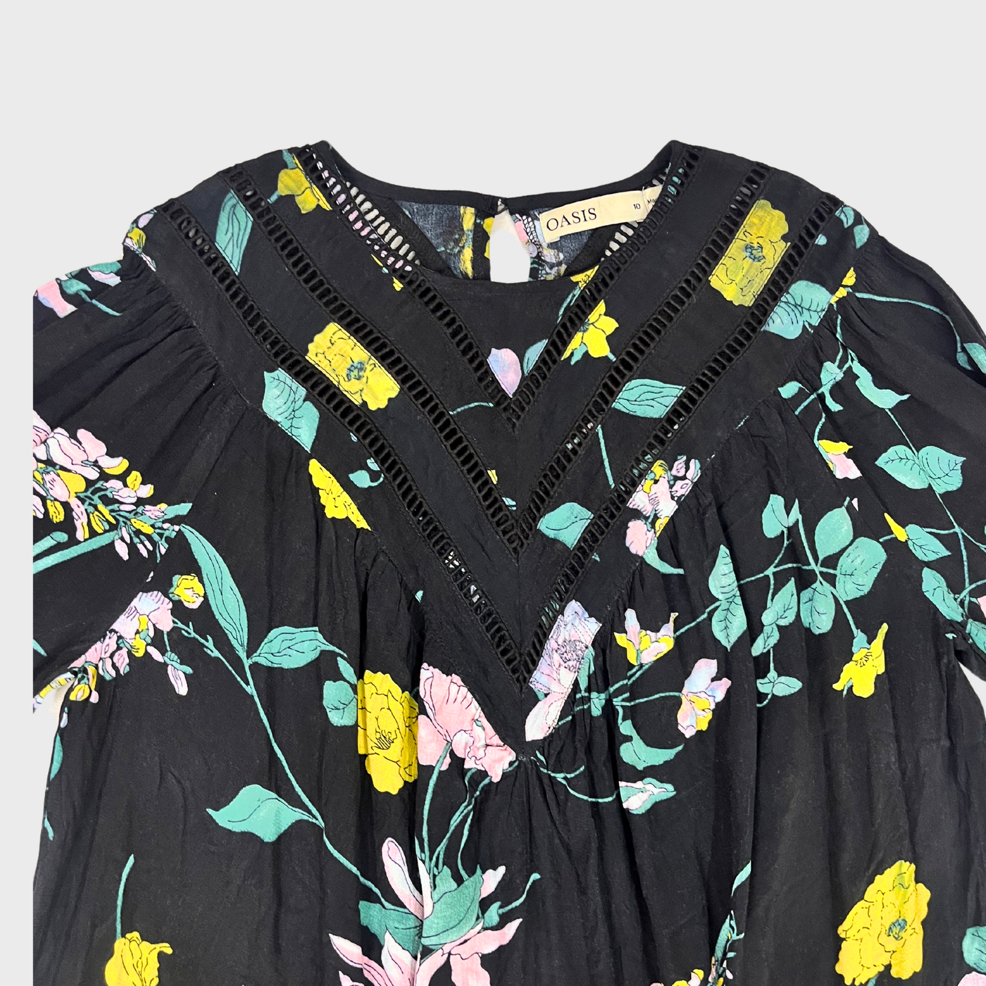 Women's Floral Printed Black Top â€“ Balloon Sleeves & Cutwork Neckline | Size L by Oasis